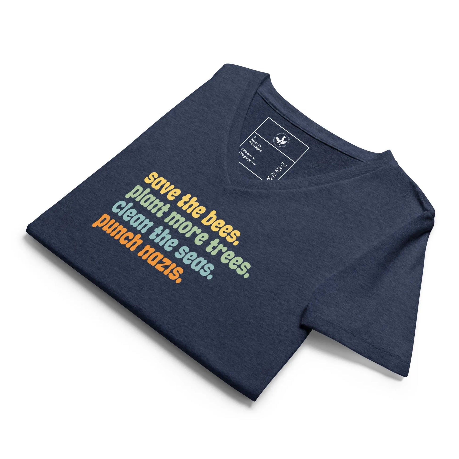 Bees, Seas, Trees, Punch Nazi’s Rhyme Women’ s V-Neck Tri-Blend T-Shirt, Anti Fascist, Pro Environment graphic tee, Anne Lesniak, Rebel Girl Rampage