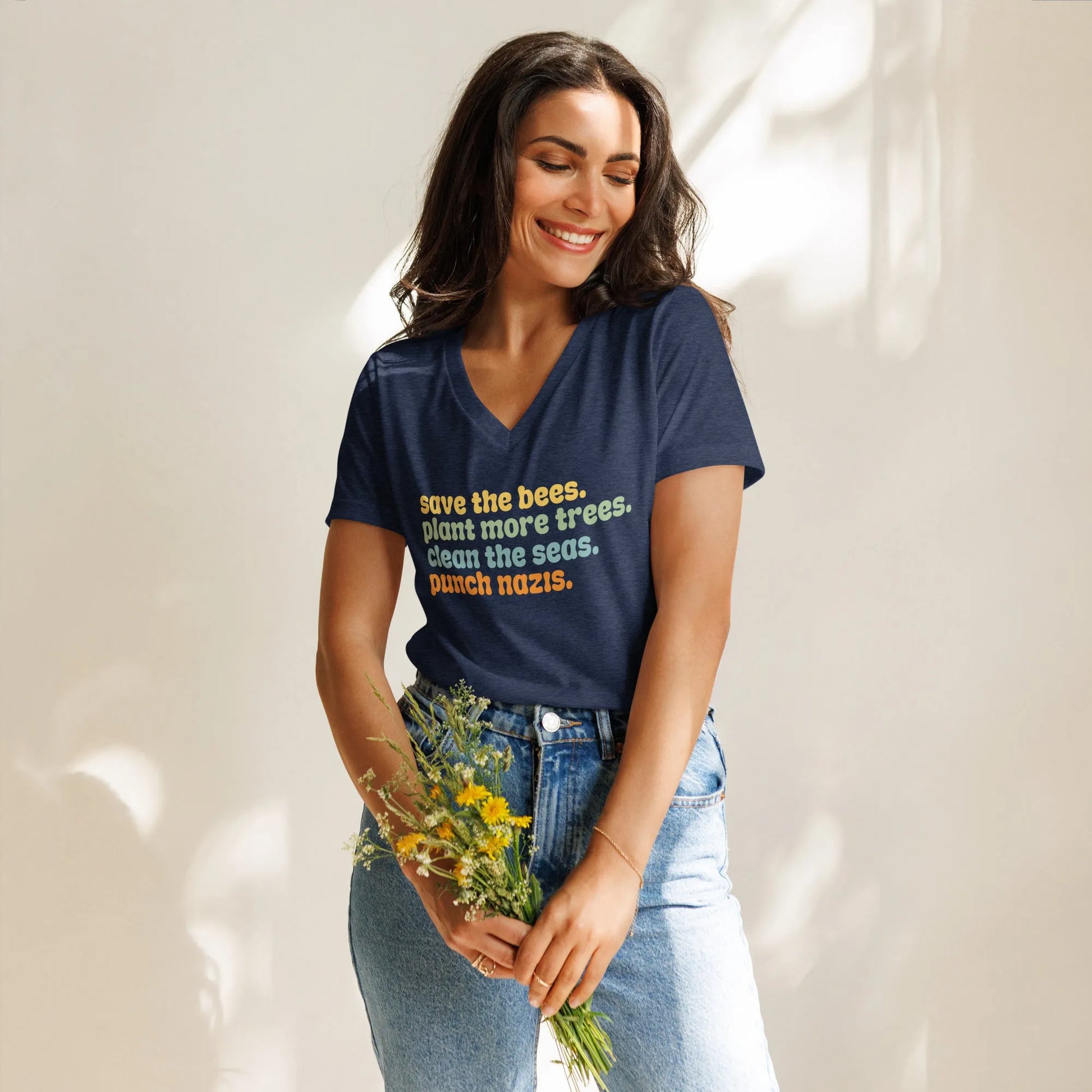 Bees, Seas, Trees, Punch Nazi’s Rhyme Women’ s V-Neck Tri-Blend T-Shirt, Anti Fascist, Pro Environment graphic tee, Anne Lesniak, Rebel Girl Rampage