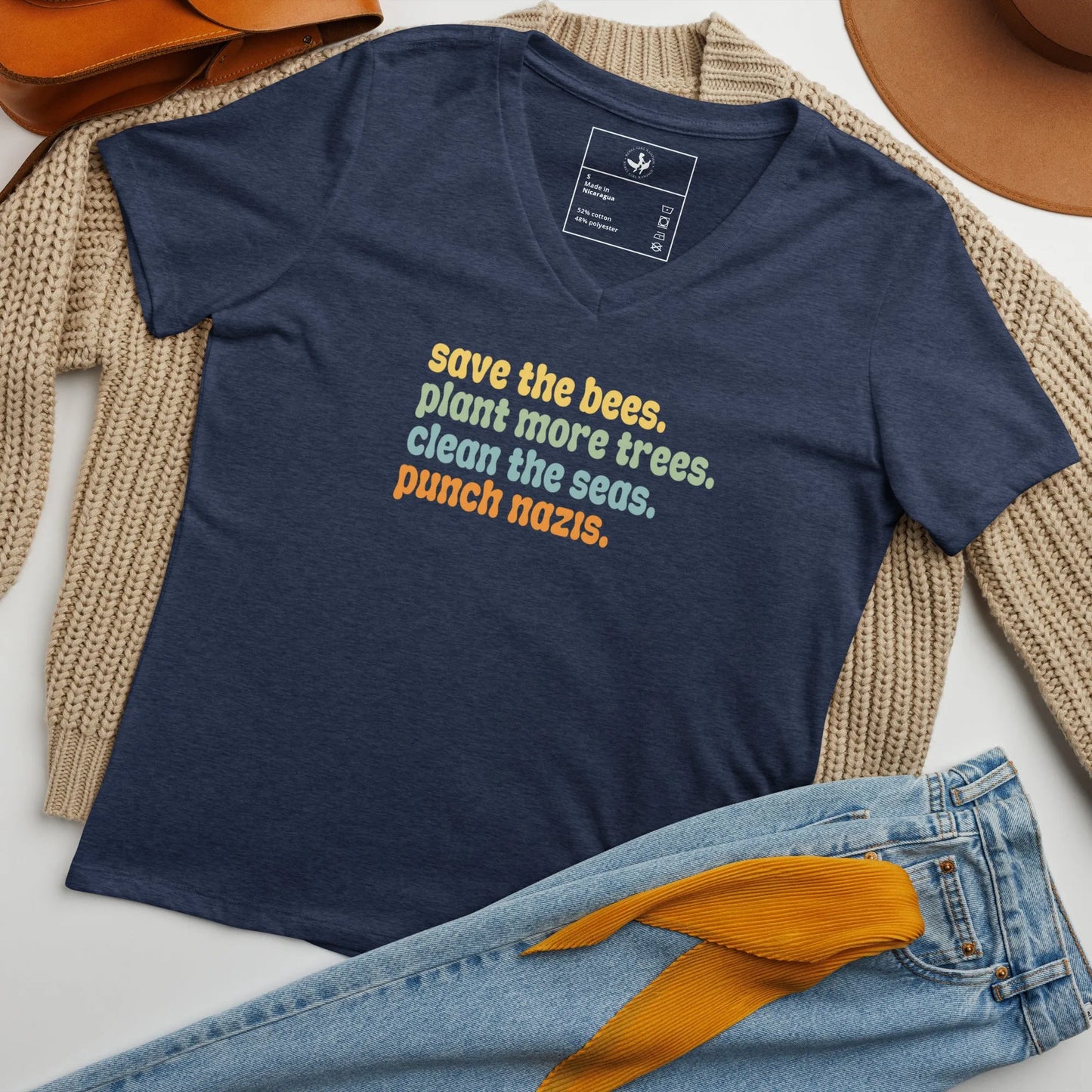 Bees, Seas, Trees, Punch Nazi’s Rhyme Women’ s V-Neck Tri-Blend T-Shirt, Anti Fascist, Pro Environment graphic tee, Anne Lesniak, Rebel Girl Rampage