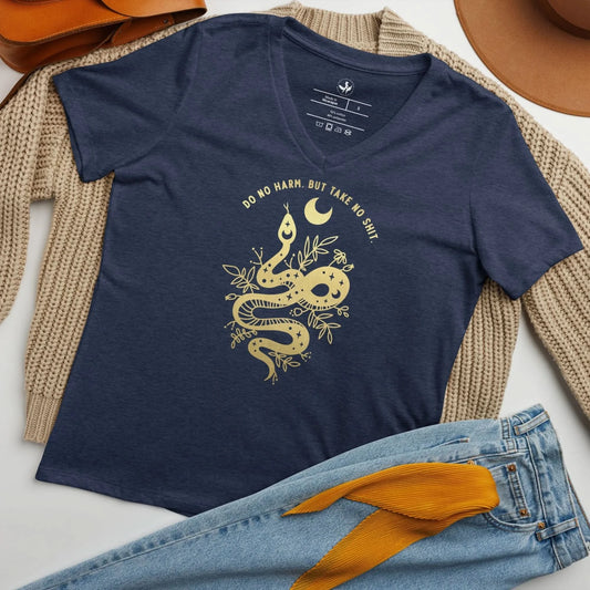 Do No Harm Women’s Relaxed Fit V-Neck T-shirt, Witchy feminist Snake Graphic Art, Rebel Girl Rampage