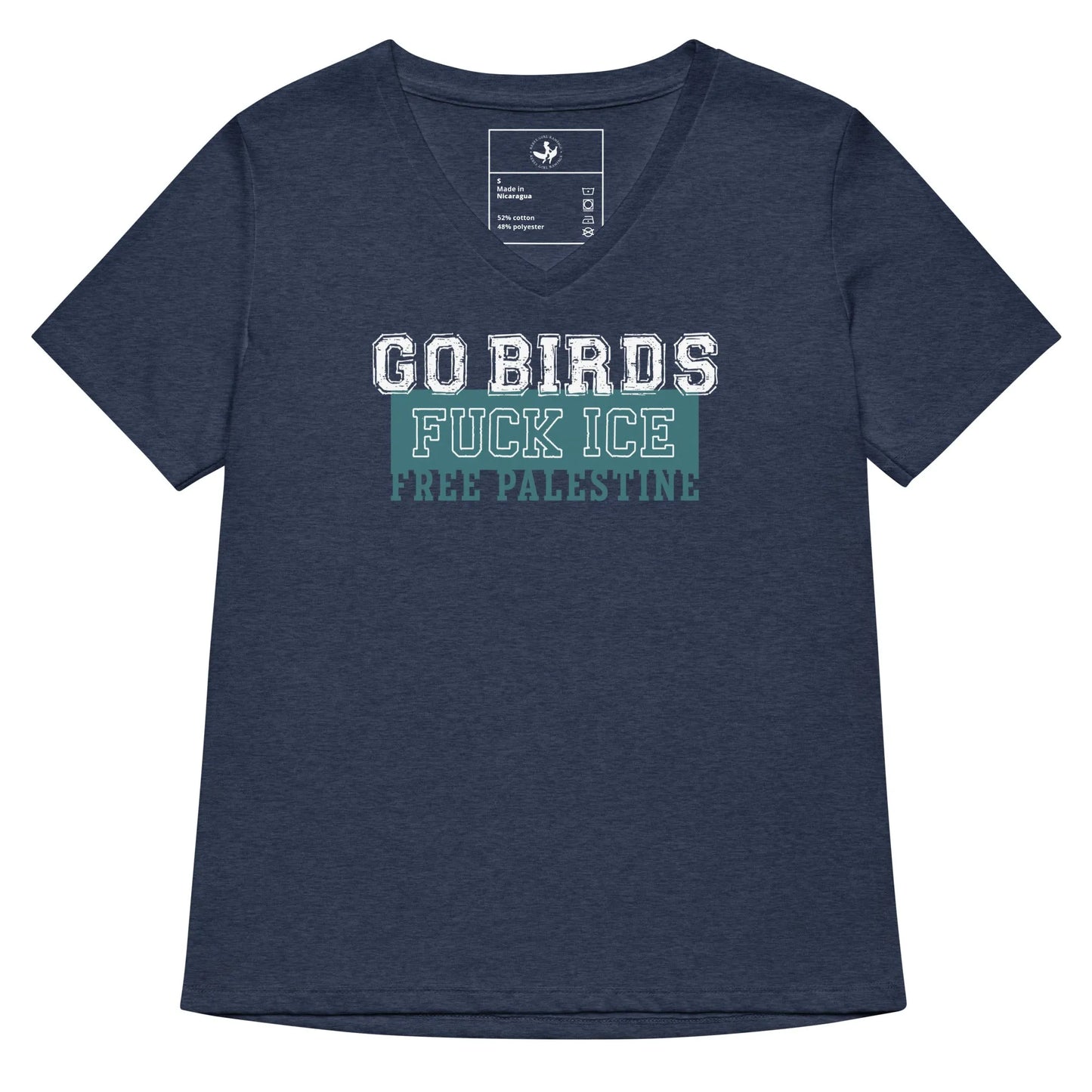 Go Birds, F ICE, Free Palestine sports letters graphic on a navy v-neck t shirt, sports, birds, anti-ICE, equality, protest shirts, Rebel Girl Rampage