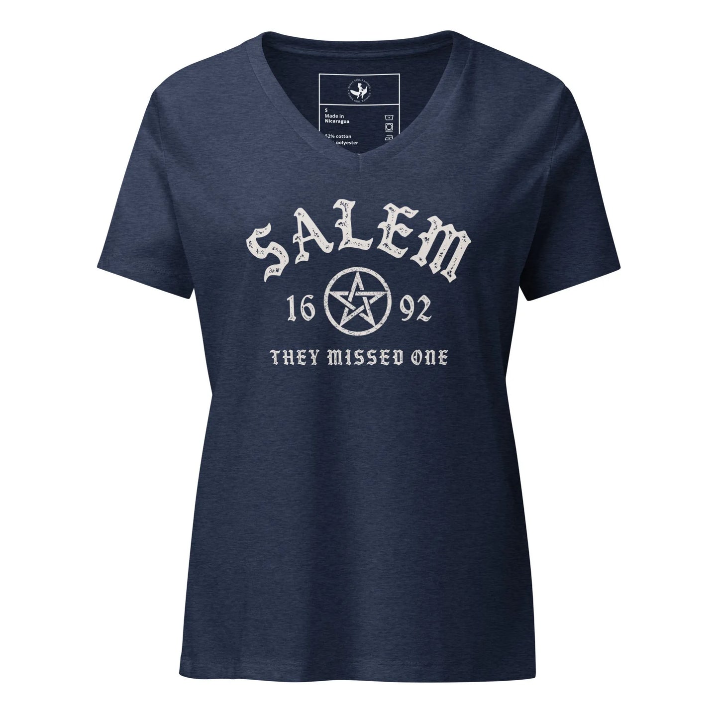 Salem University White Star Graphic on a navy v-neck t shirt, witchy vibes perfect for halloween, Rebel Girl Rampage