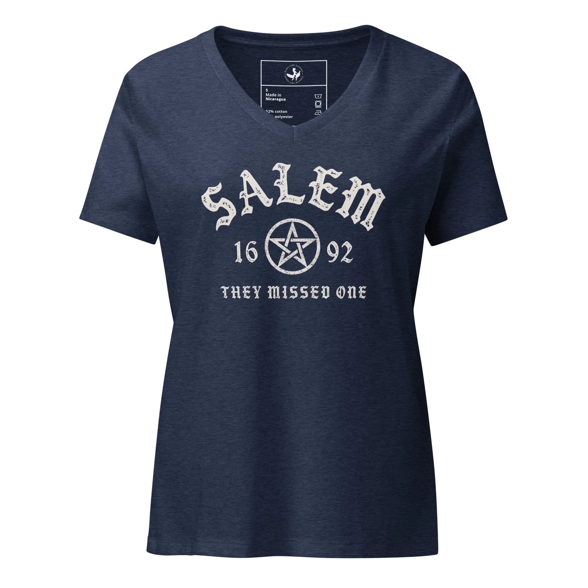 Salem University White Star Graphic on a navy v-neck t shirt, witchy vibes perfect for halloween, Rebel Girl Rampage