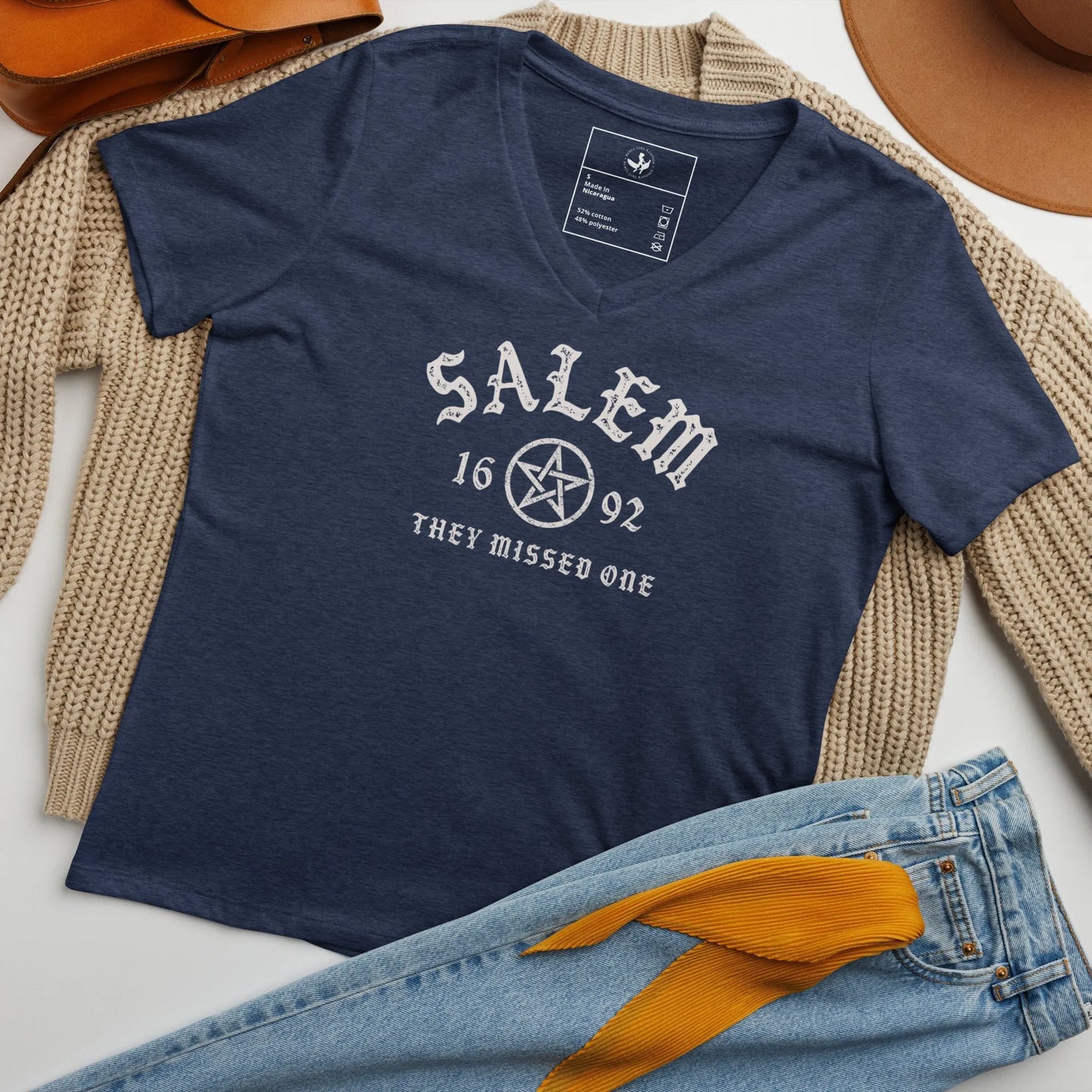 Salem University White Star Graphic on a navy v-neck t shirt, witchy vibes perfect for halloween, Rebel Girl Rampage