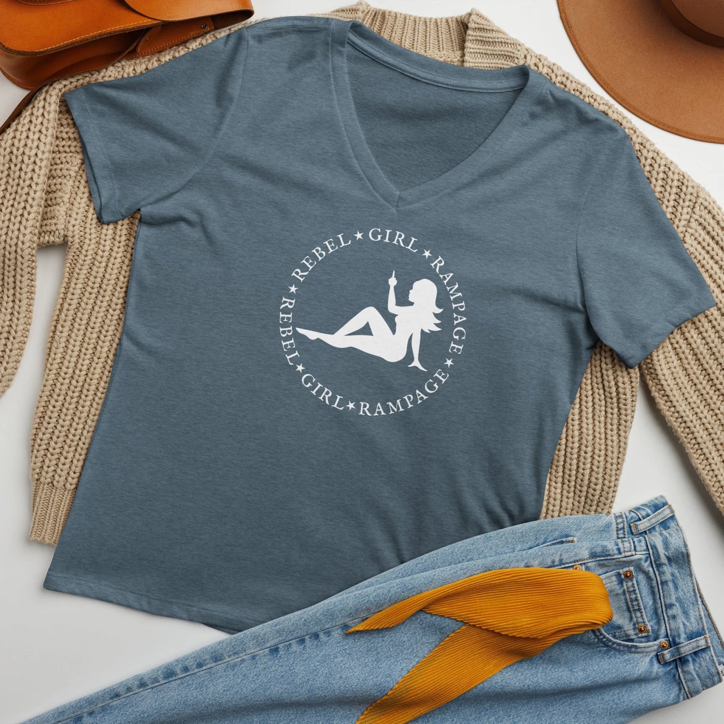 Mud flap chick middle finger Rebel Girl Rampage logo women’s v neck t-shirt