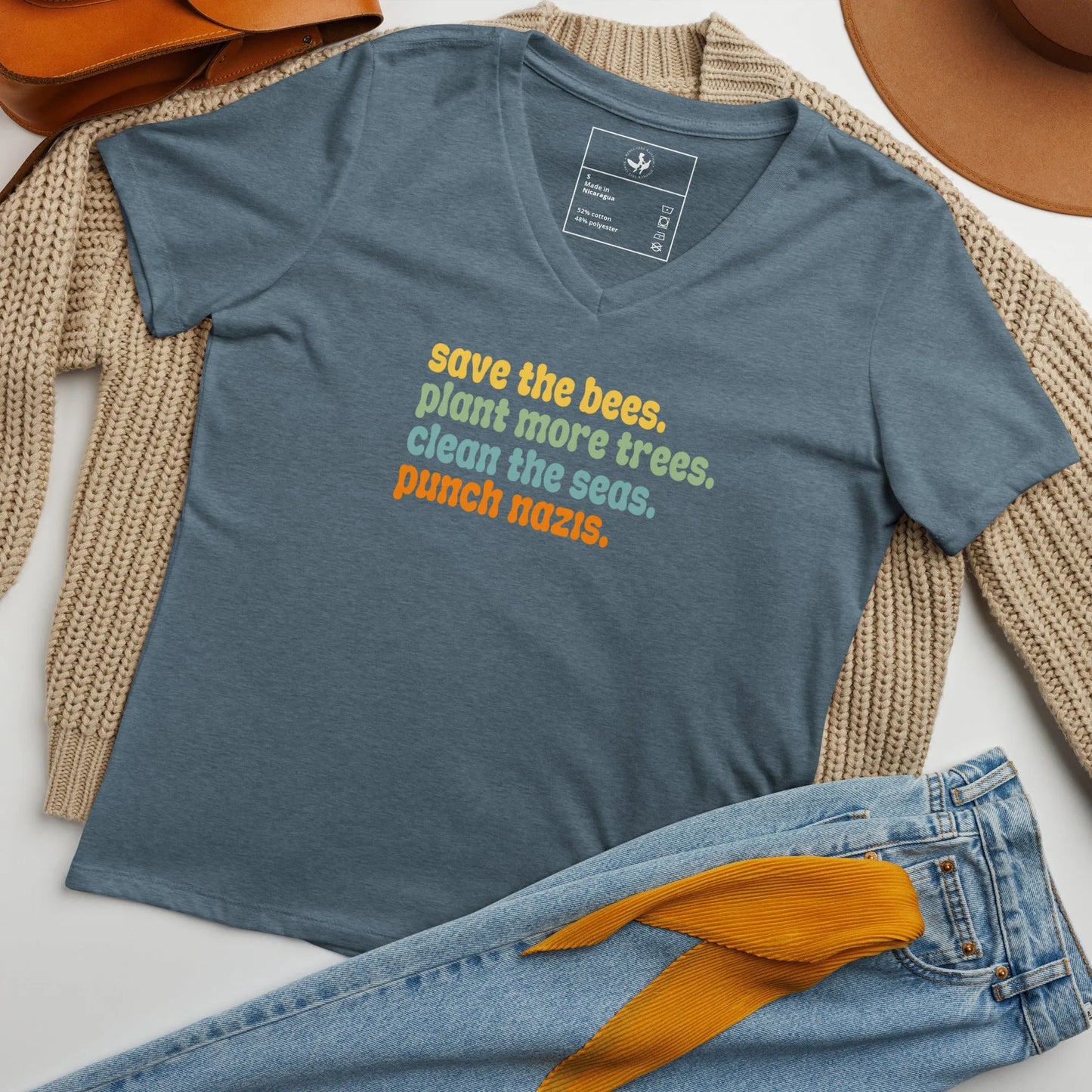 Bees, Seas, Trees, Punch Nazi’s Rhyme Women’ s V-Neck Tri-Blend T-Shirt, Anti Fascist, Pro Environment graphic tee, Anne Lesniak, Rebel Girl Rampage