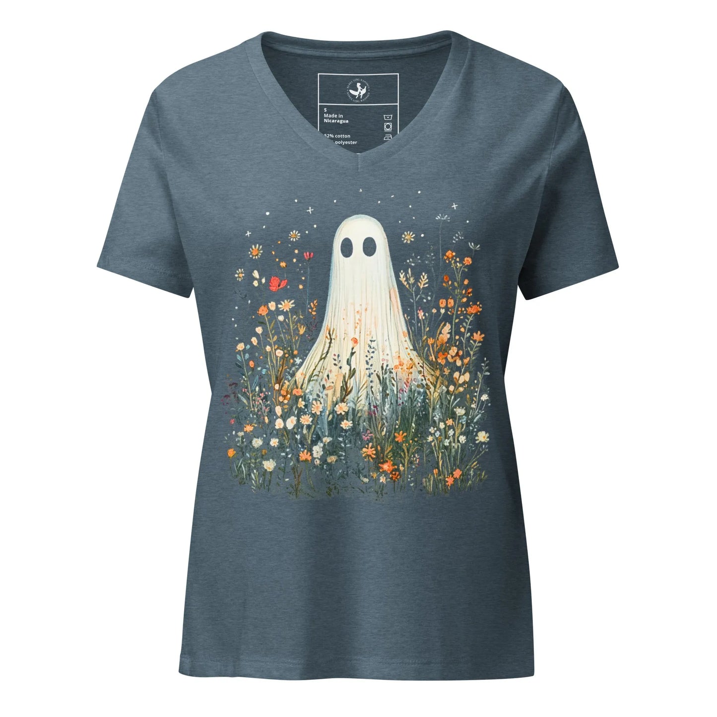 Cute ghost graphic in a field of flowers and foliage on a v-neck grey t shirt, spooky season, cute, Rebel Girl Rampage