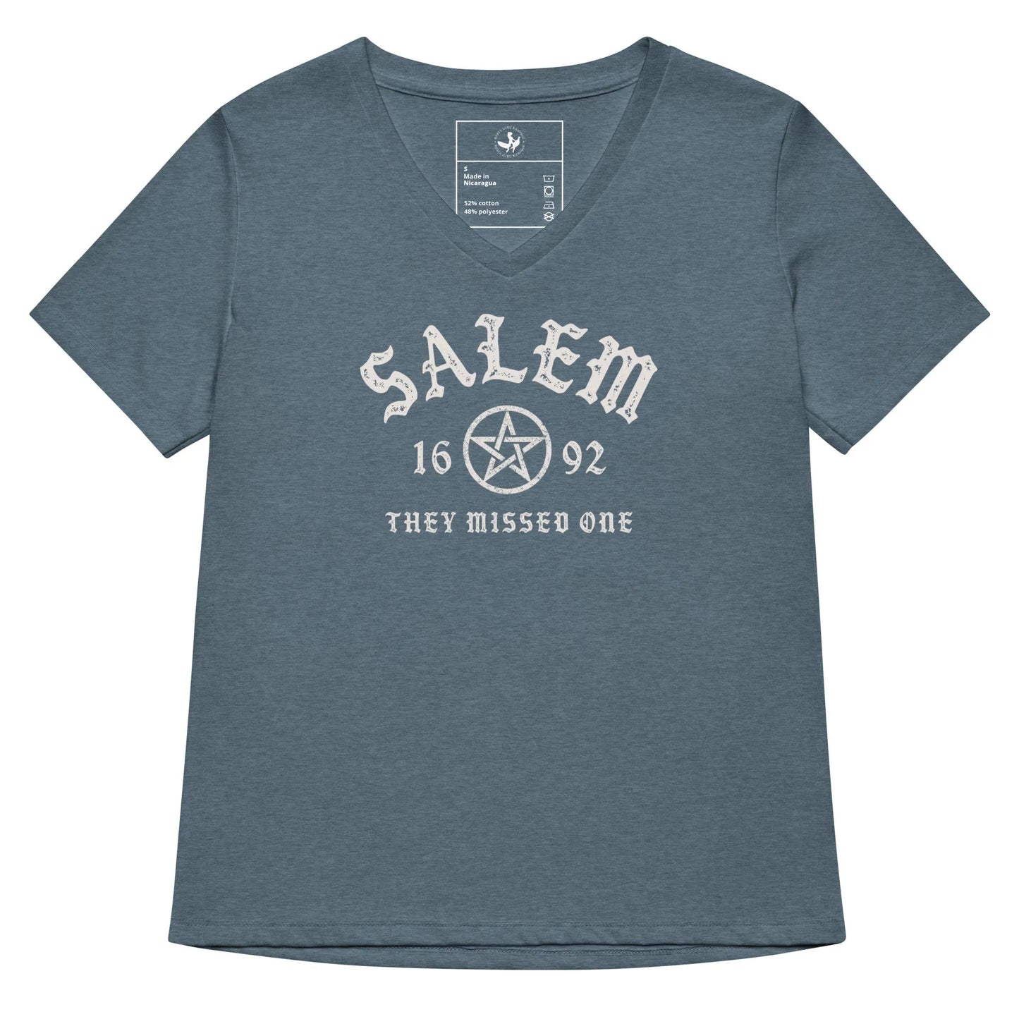Salem University White Star Graphic on a grey v-neck t shirt, witchy vibes perfect for halloween, Rebel Girl Rampage