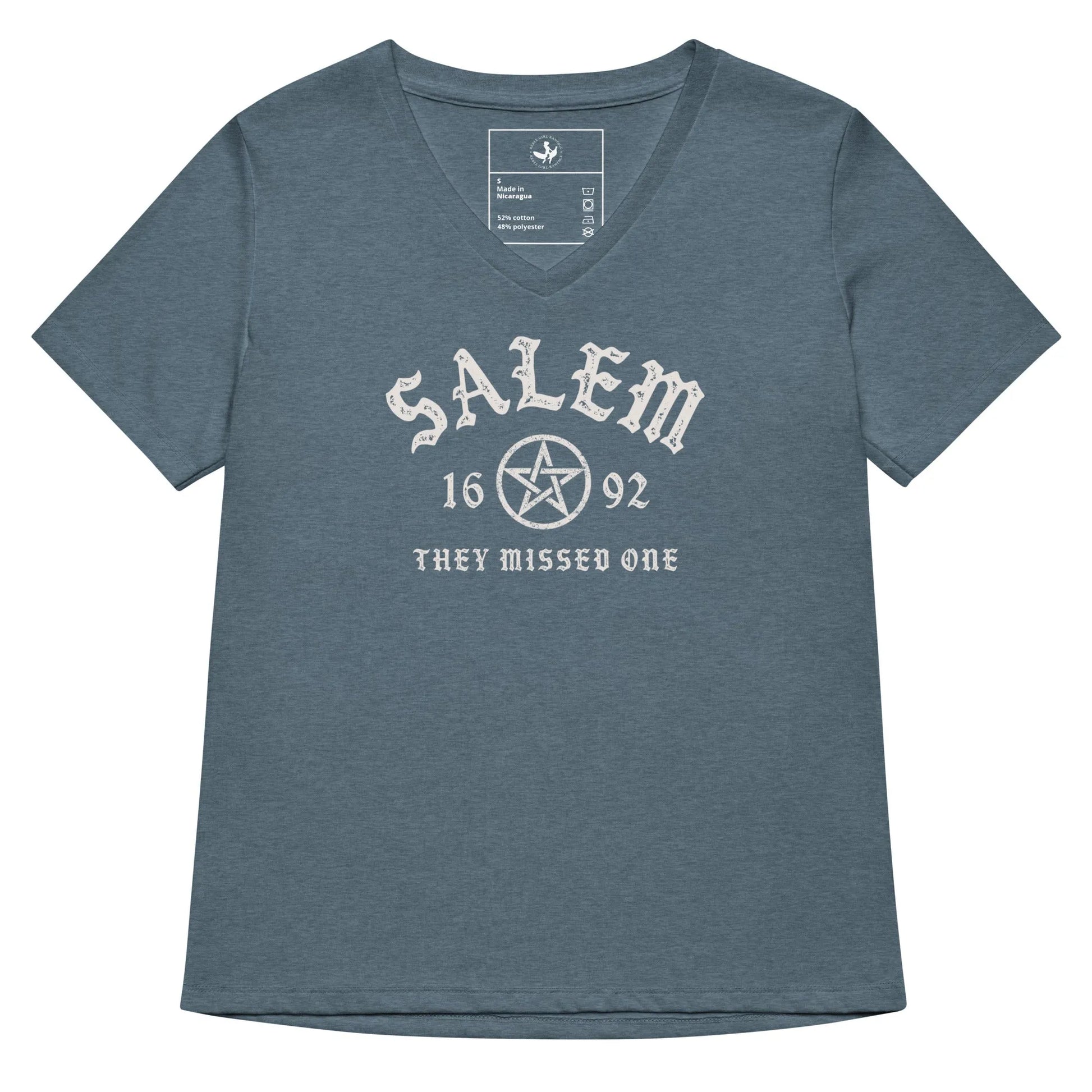 Salem University White Star Graphic on a grey v-neck t shirt, witchy vibes perfect for halloween, Rebel Girl Rampage