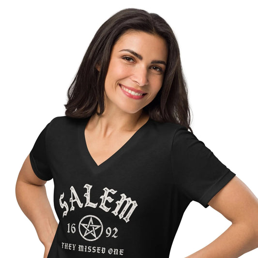 Salem University White Star Graphic on a black v-neck t shirt, witchy vibes perfect for halloween, Rebel Girl Rampage