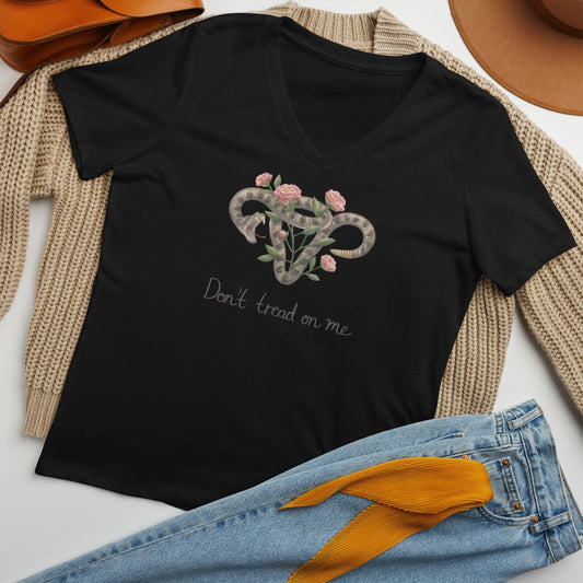 Don’t Tread On Me Uterus with Flowers women’s v-neck t-shirt, rattlesnakes and roses, feminist pro choice, Abortion rights,  my body my choice, Rebel Girl Rampage