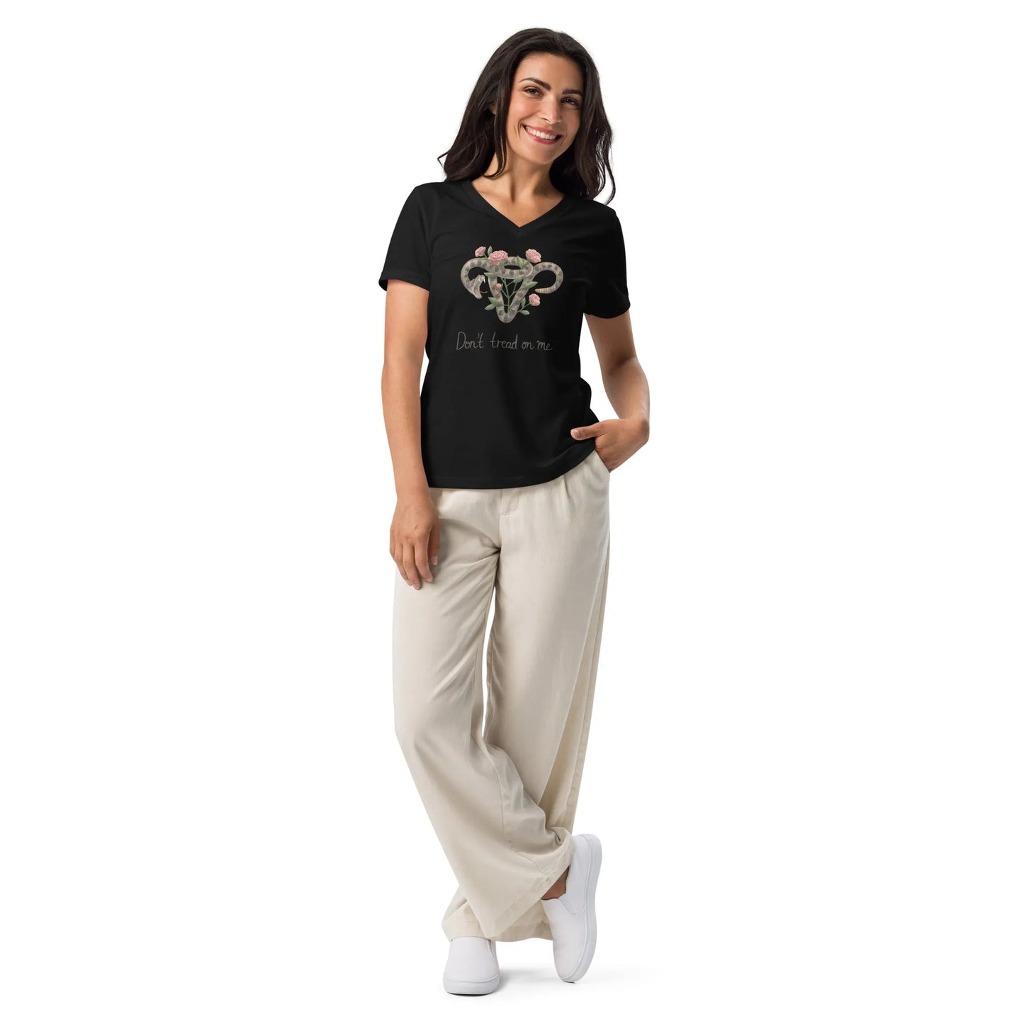 Don’t Tread On Me Uterus with Flowers women’s v-neck t-shirt, rattlesnakes and roses, feminist pro choice, Abortion rights,  my body my choice, Rebel Girl Rampage