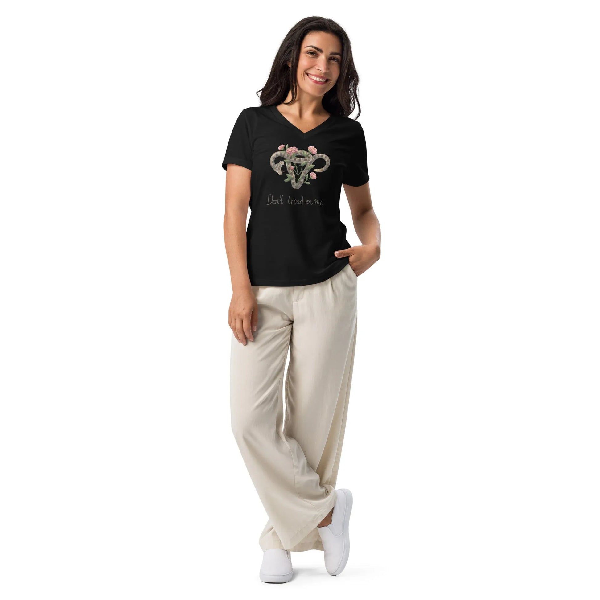 Don’t Tread On Me Uterus with Flowers women’s v-neck t-shirt, rattlesnakes and roses, feminist pro choice, Abortion rights,  my body my choice, Rebel Girl Rampage