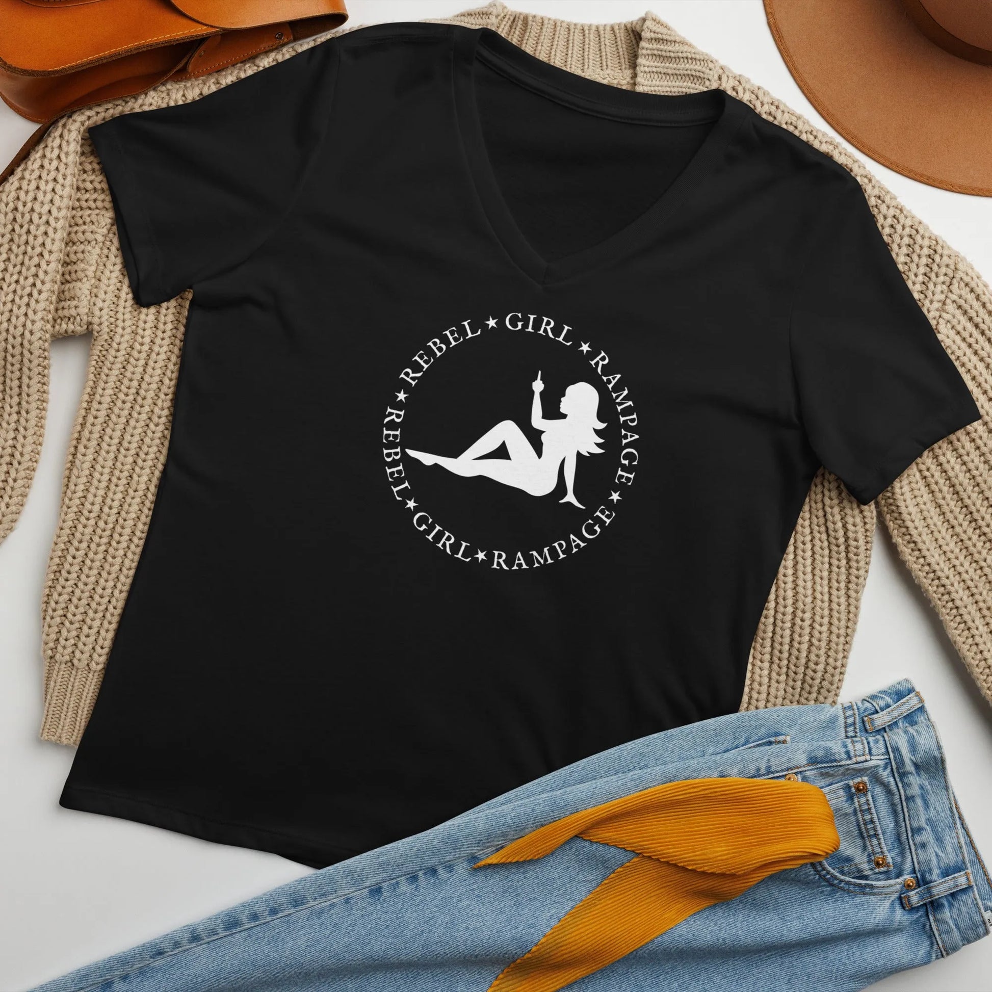 Mud flap chick middle finger Rebel Girl Rampage logo women’s v neck t-shirt