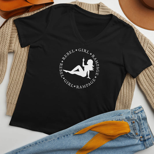 Mud flap chick middle finger Rebel Girl Rampage logo women’s v neck t-shirt