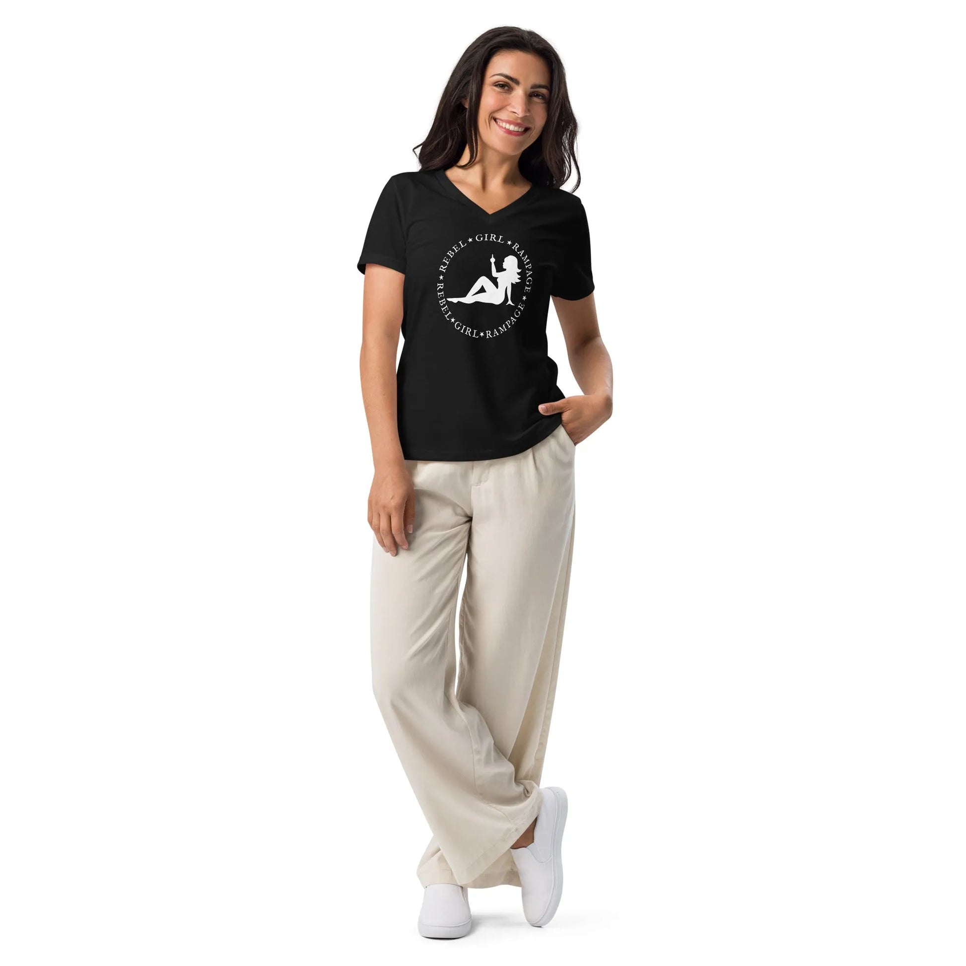 Mud flap chick middle finger Rebel Girl Rampage logo women’s v neck t-shirt