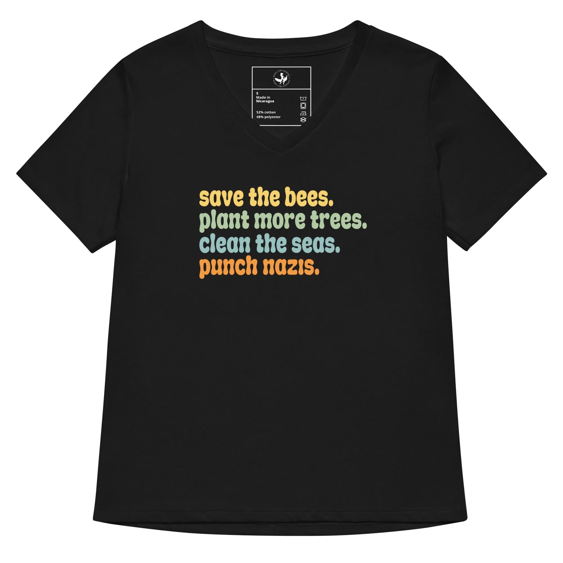 Bees, Seas, Trees, Punch Nazi’s Rhyme Women’ s V-Neck Tri-Blend T-Shirt, Anti Fascist, Pro Environment graphic tee, Anne Lesniak, Rebel Girl Rampage