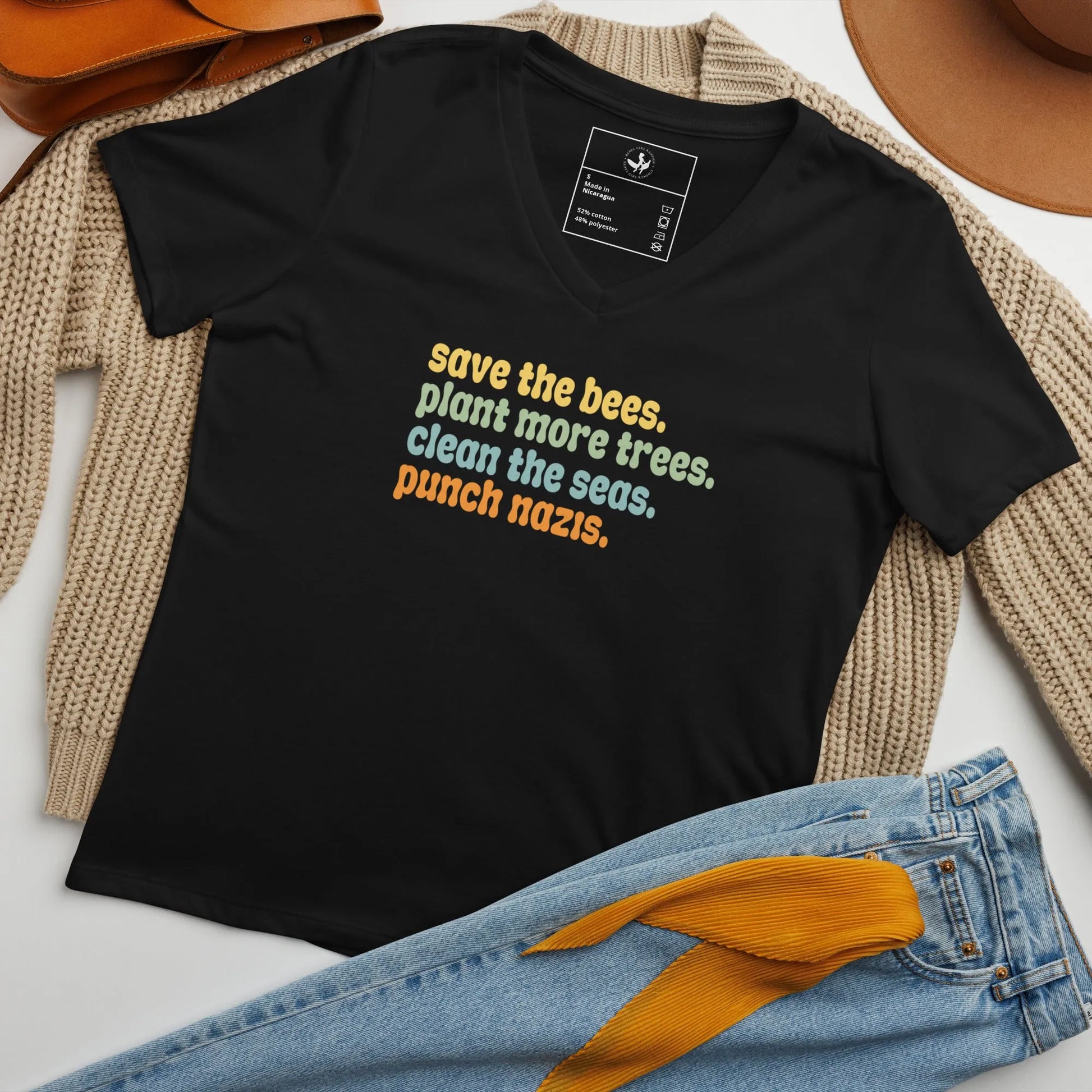 Bees, Seas, Trees, Punch Nazi’s Rhyme Women’ s V-Neck Tri-Blend T-Shirt, Anti Fascist, Pro Environment graphic tee, Anne Lesniak, Rebel Girl Rampage