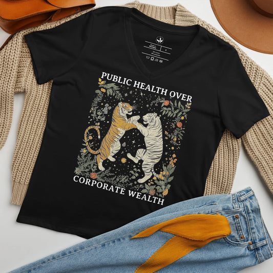 Public Health Over Corporate Wealth Women’s V-Neck T-Shirt, Healthcare, Rebel Girl Rampage