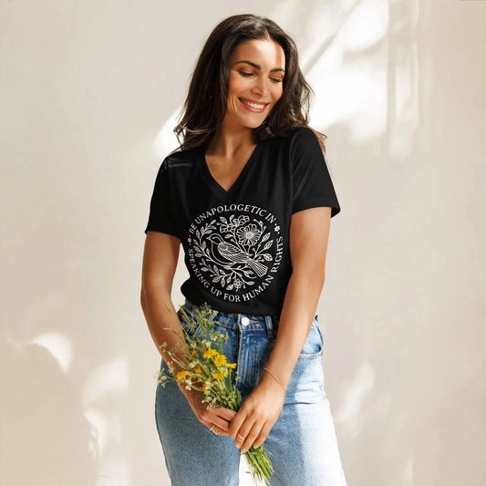 Speaking Up For Human Rights Women’s Relaxed V-Neck T-Shirt, Bird and flowers, Rebel Girl Rampage