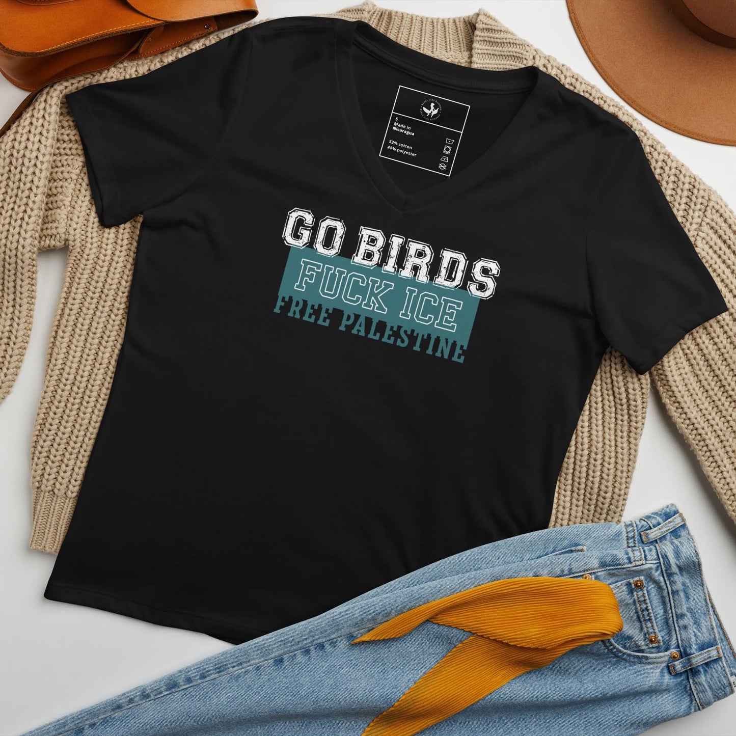 Go Birds, F ICE, Free Palestine sports letters graphic on a black v-neck t shirt, sports, birds, anti-ICE, equality, protest shirts, Rebel Girl Rampage