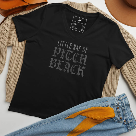 Little Ray of Pitch Black letter graphic on a black v-neck t shirt, moody, witchy, spooky season, funny, little ray of sunshine, Rebel Girl Rampage