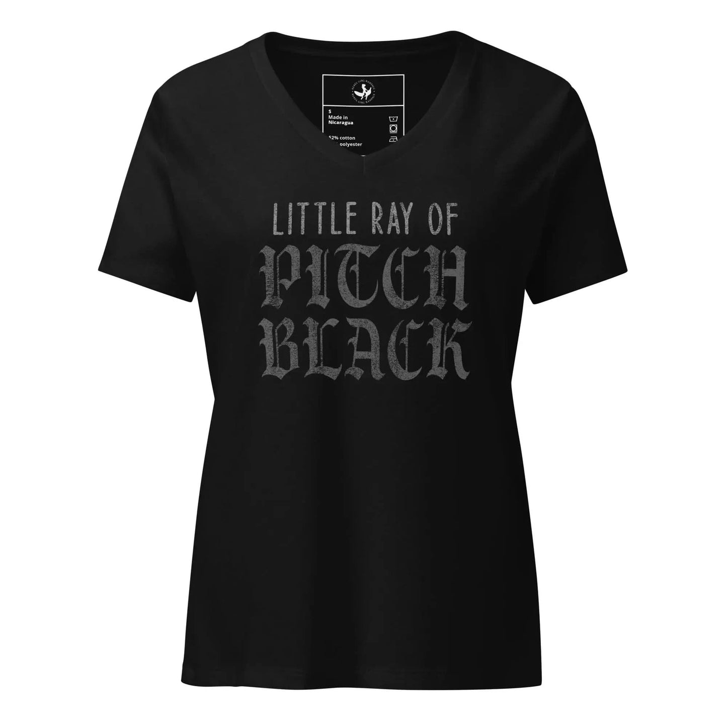 Little Ray of Pitch Black letter graphic on a black v-neck t shirt, moody, witchy, spooky season, funny, little ray of sunshine, Rebel Girl Rampage