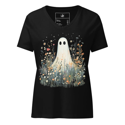 Cute ghost graphic in a field of flowers and foliage on a v-neck black t shirt, spooky season, cute, Rebel Girl Rampage