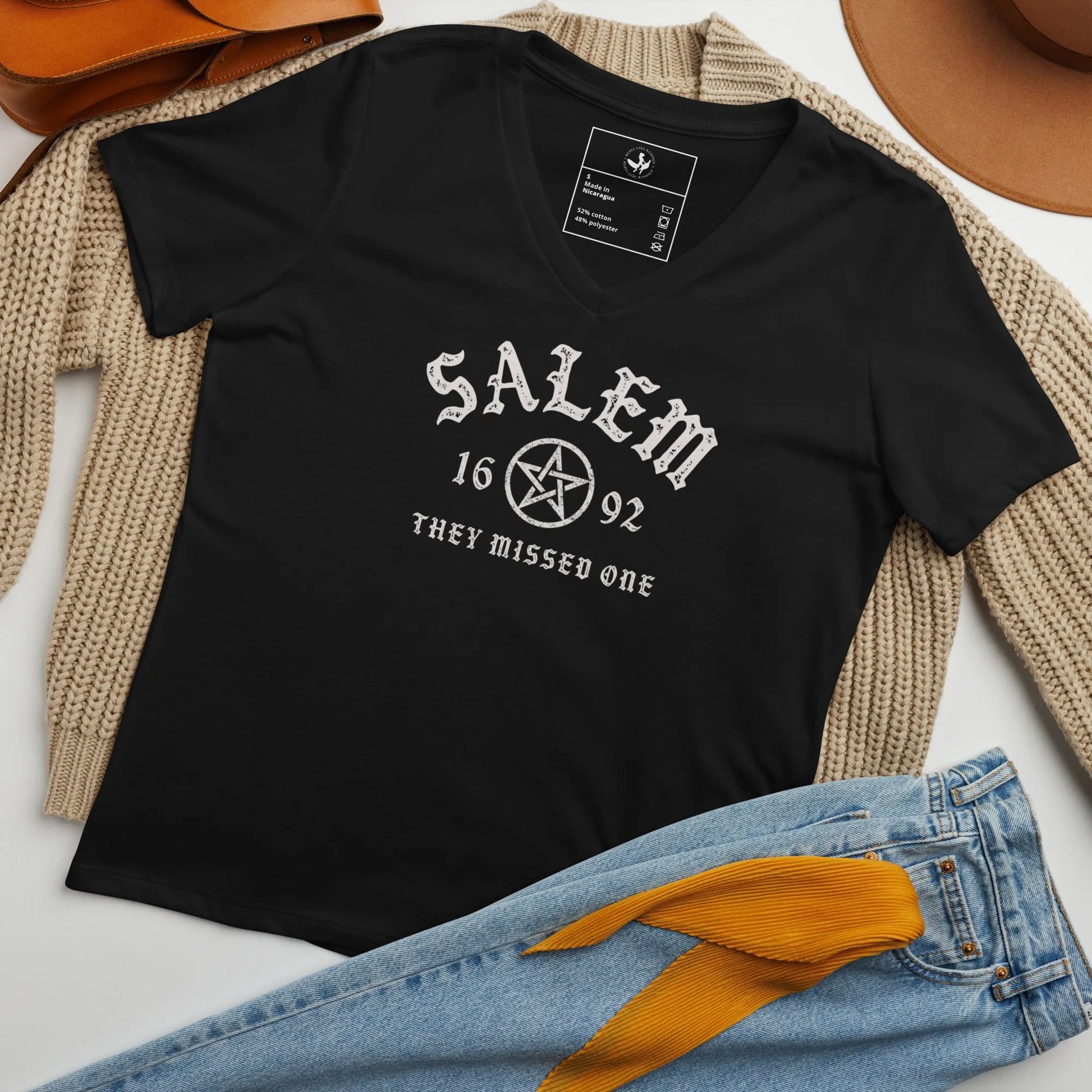 Salem University White Star Graphic on a black v-neck t shirt, witchy vibes perfect for halloween, Rebel Girl Rampage