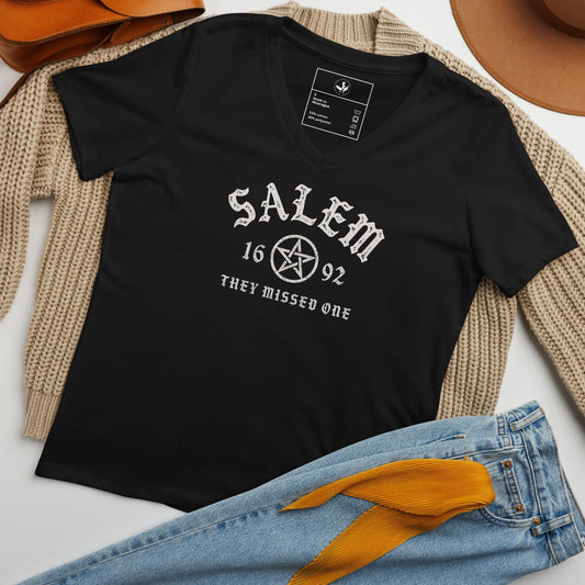 Salem University White Star Graphic on a black v-neck t shirt, witchy vibes perfect for halloween, Rebel Girl Rampage