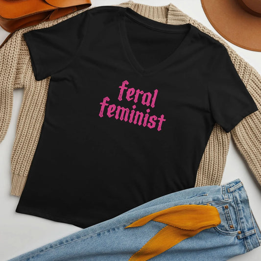 Feral Feminist pink letter graphic black v neck t shirt with accessories, Rebel Girl Rampage