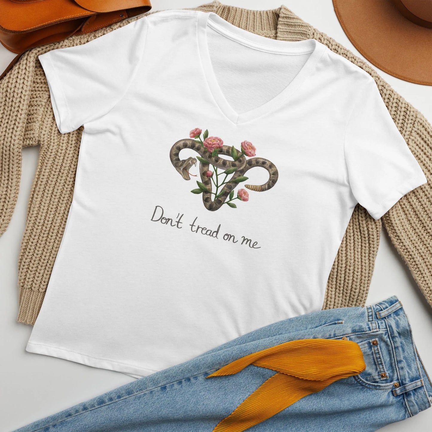 Don’t Tread On Me Uterus with Flowers women’s v-neck t-shirt, rattlesnakes and roses, feminist pro choice, Abortion rights,  my body my choice, Rebel Girl Rampage