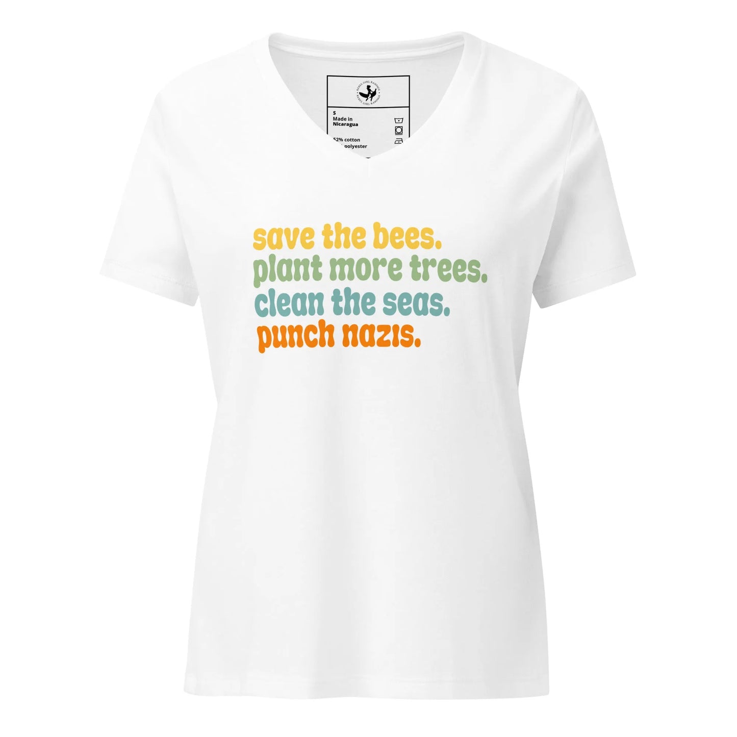 Bees, Seas, Trees, Punch Nazi’s Rhyme Women’ s V-Neck Tri-Blend T-Shirt, Anti Fascist, Pro Environment graphic tee, Anne Lesniak, Rebel Girl Rampage