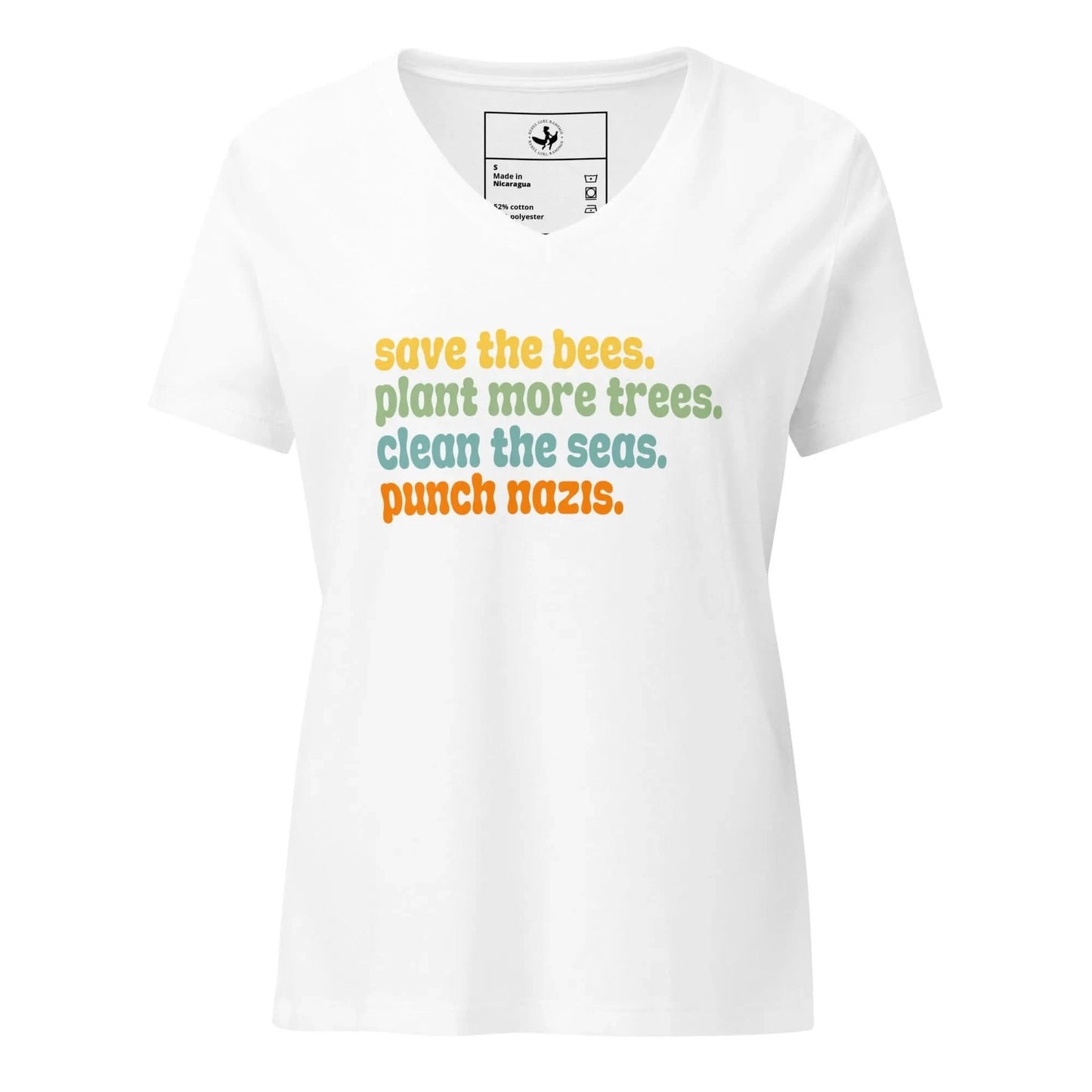 Bees, Seas, Trees, Punch Nazi’s Rhyme Women’ s V-Neck Tri-Blend T-Shirt, Anti Fascist, Pro Environment graphic tee, Anne Lesniak, Rebel Girl Rampage