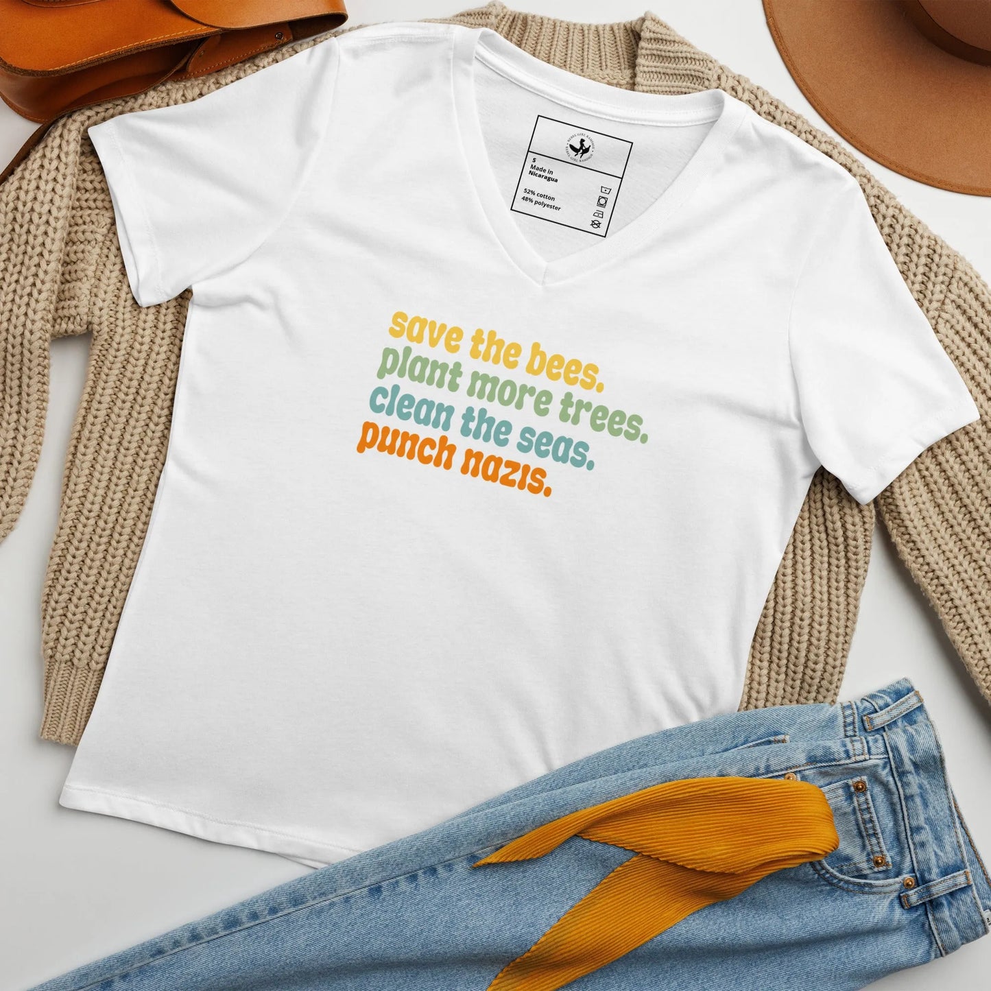 Bees, Seas, Trees, Punch Nazi’s Rhyme Women’ s V-Neck Tri-Blend T-Shirt, Anti Fascist, Pro Environment graphic tee, Anne Lesniak, Rebel Girl Rampage