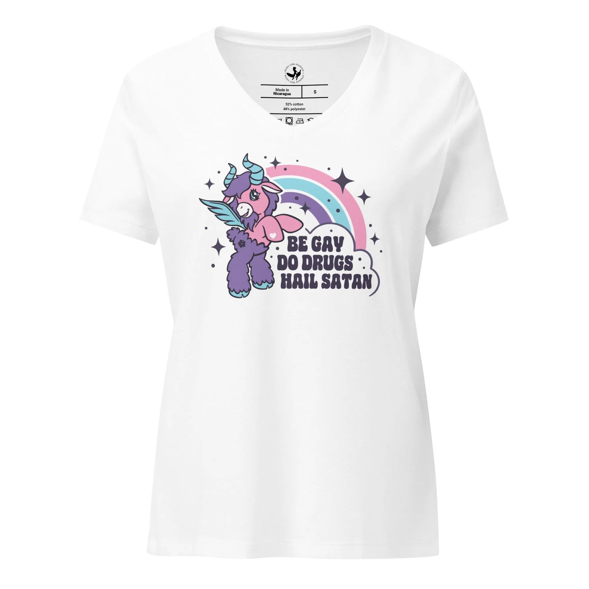 Be Gay Do Drugs Hail Satan Women’s V-Neck T-Shirt, Rainbow Pride LGBTQ, Unicorns, Anne Lesniak, Rebel Girl Rampage