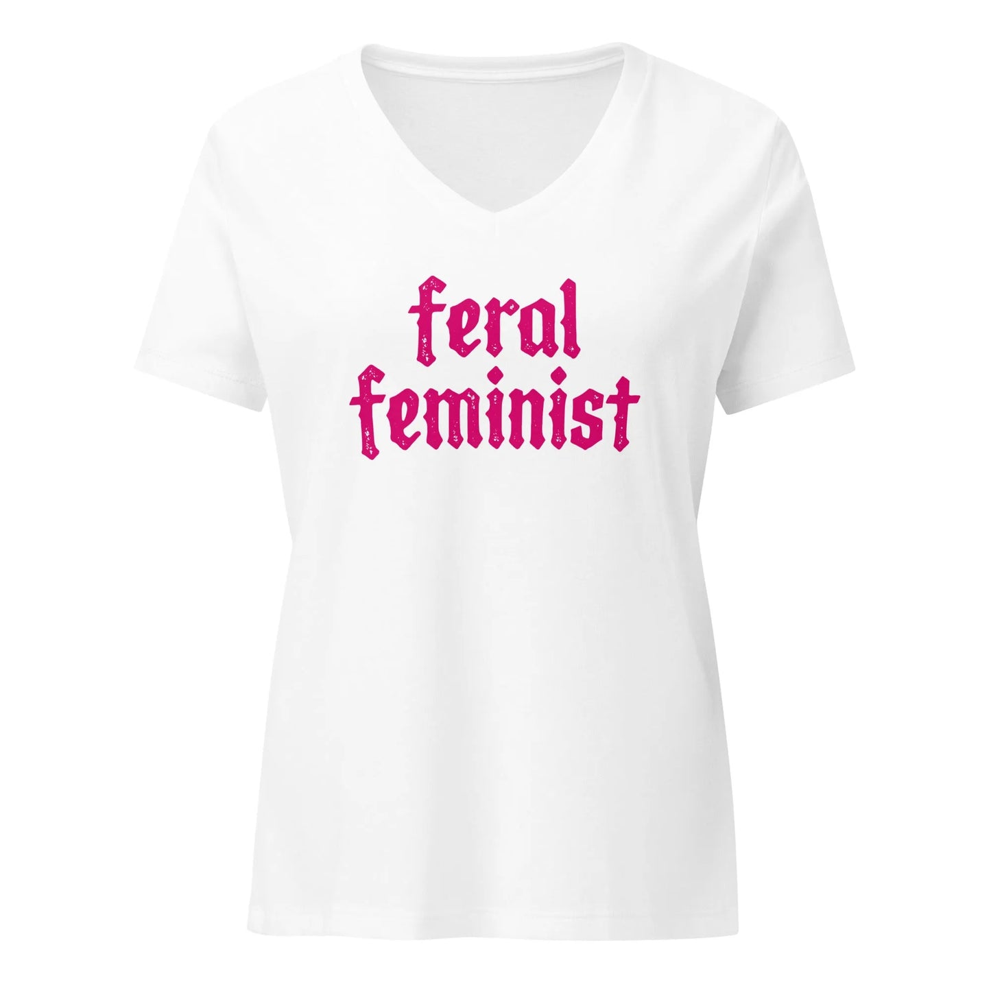 Feral Feminist pink letter graphic white v neck t shirt, Rebel Girl Rampage