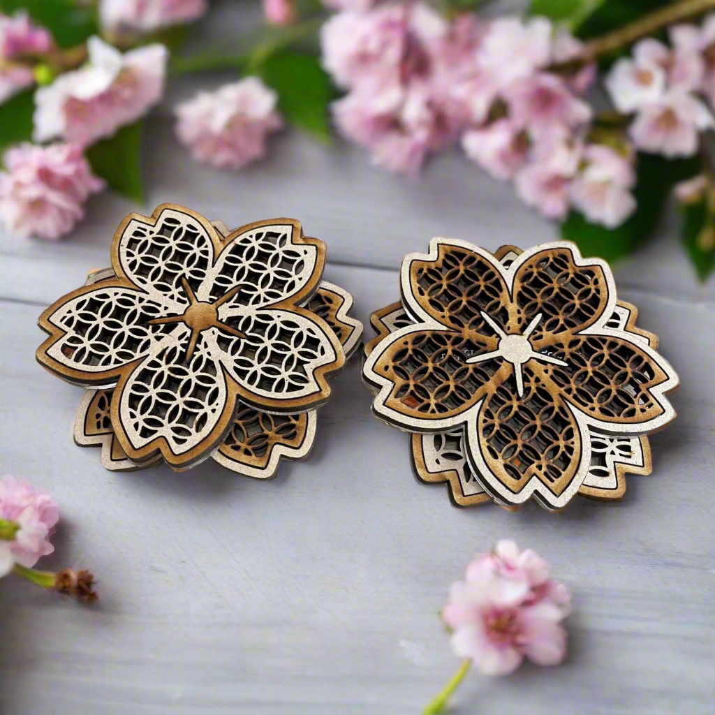 Home & Living - Rebel Girl Rampage Sakura Cherry Blossom Boho Wood Coasters stacked on a beautiful table of home decor in spring