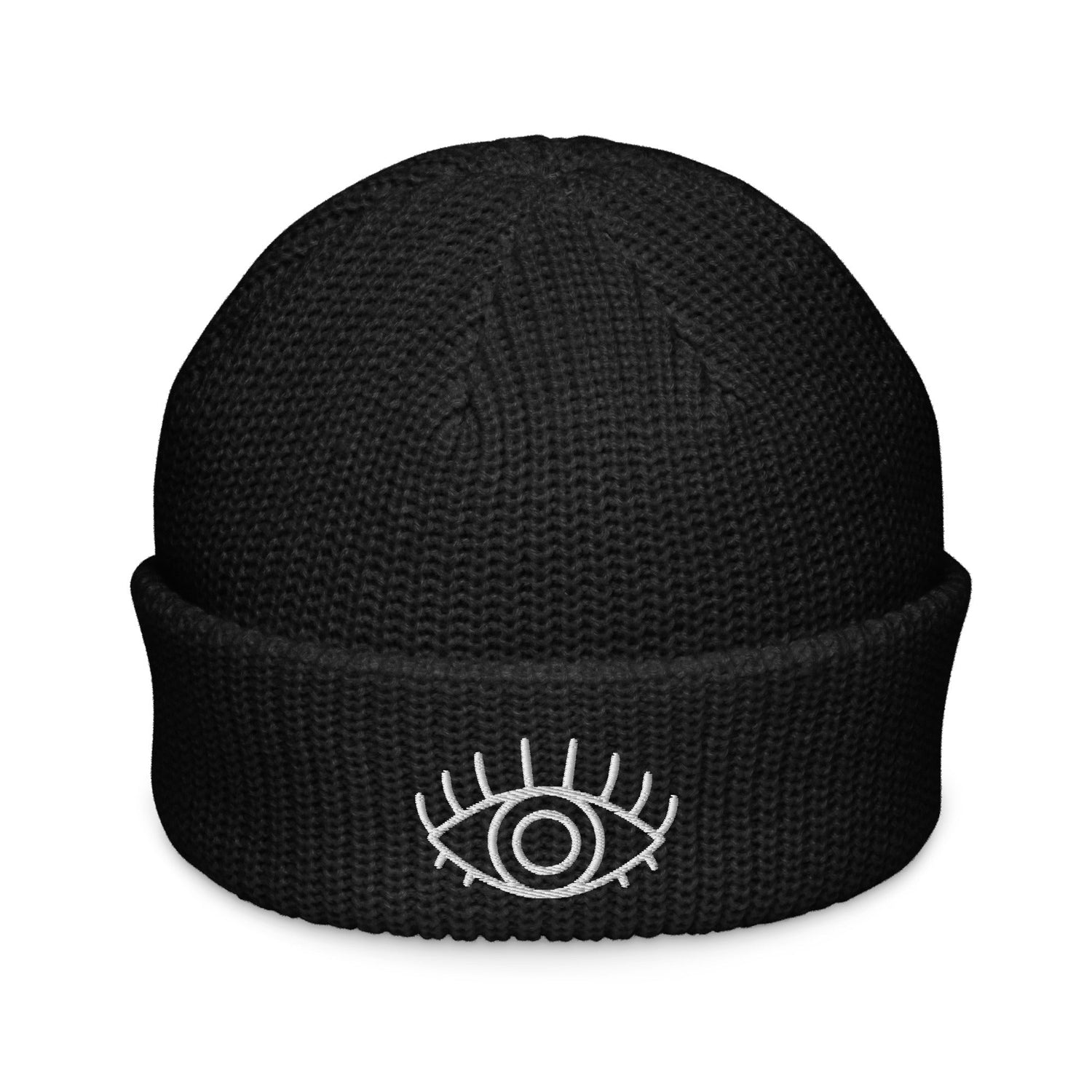 Thick knit black fisherman beanie with a third eye/evil eye embroidered in white thread by Rebel Girl Rampage 