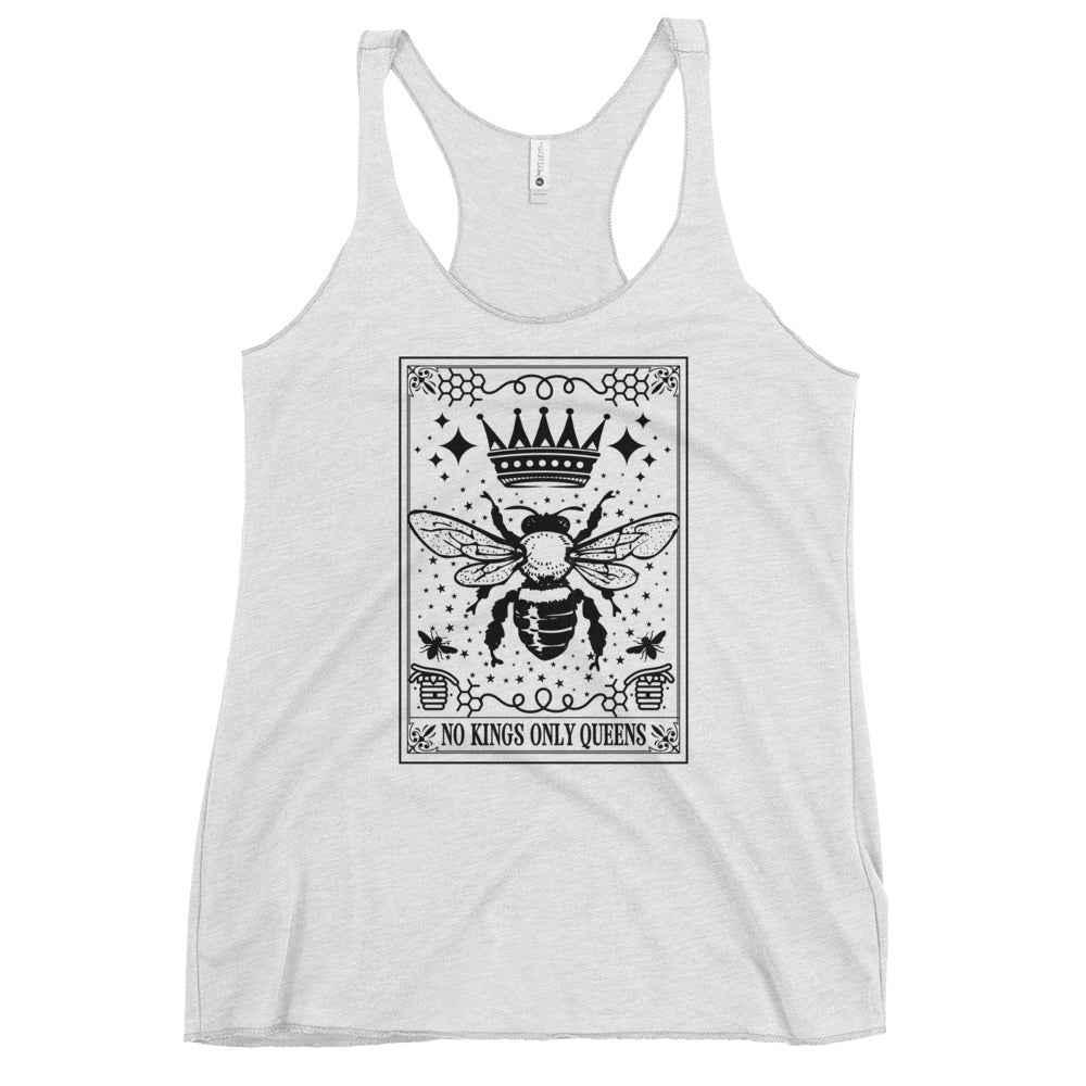 White tri bled Queen Bee No Kings tarot card Racerback Tank Top laying flat by Rogue Petal Co. at Rebel Girl Rampage