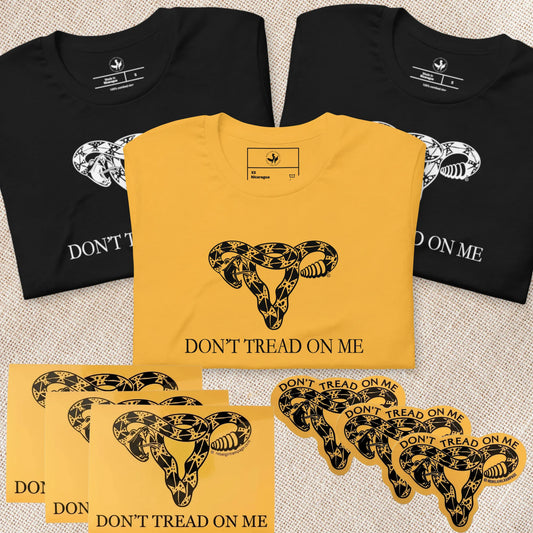 Don’t Tread On Me Uterus Feminist Sisterhood holiday Gift Bundle, Gadsen Rattlesnake uterus T-shirts bumper stickers and die cut stickers, Anne Lesniak, Rebel Girl Rampage 