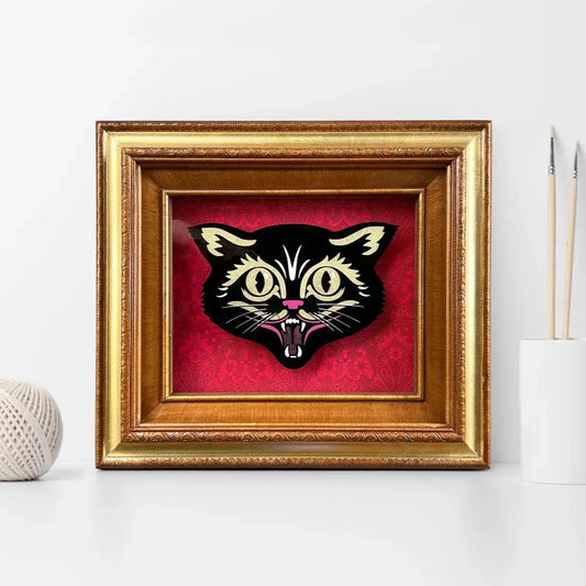 Black Cat Silk Screen Shadow Box Original Art, Nerdmonger, framed Pop Art, Haloween, Rebel Girl Rampage