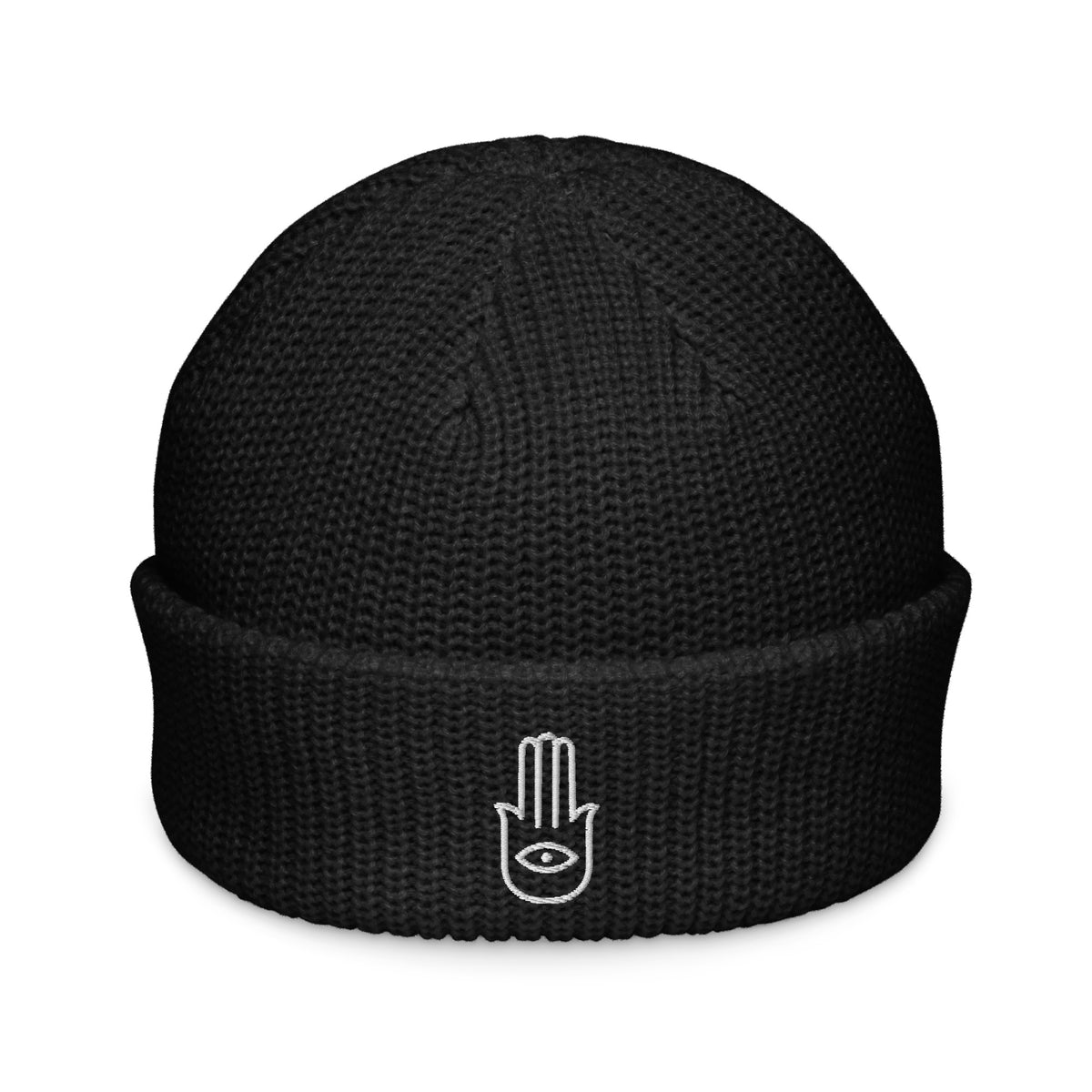 Black wide knit winter hat fisherman beanie embroidered with a Hamsa or Evil Eye Protection symbol  from Rebel Girl Rampage 