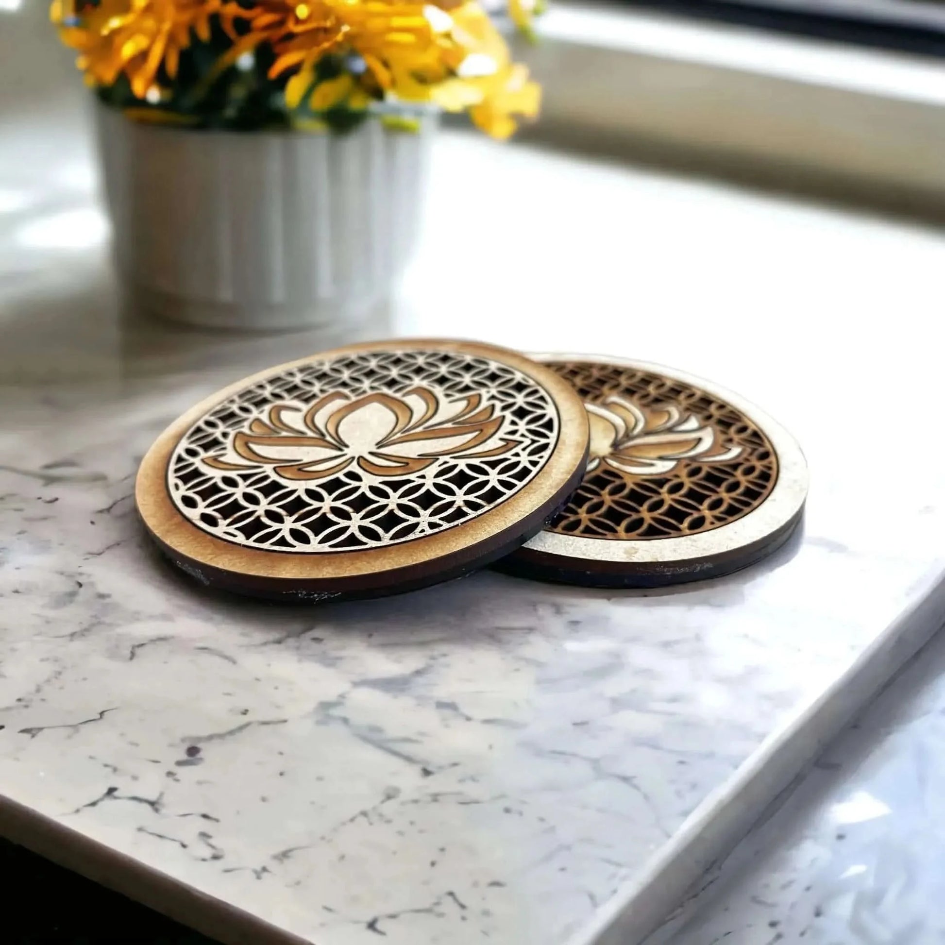 Boho Lotus Flower Hand Crafted Wood Coasters,Inspiring spiritual art and home decor, bar wear, Rebel Girl Rampage 