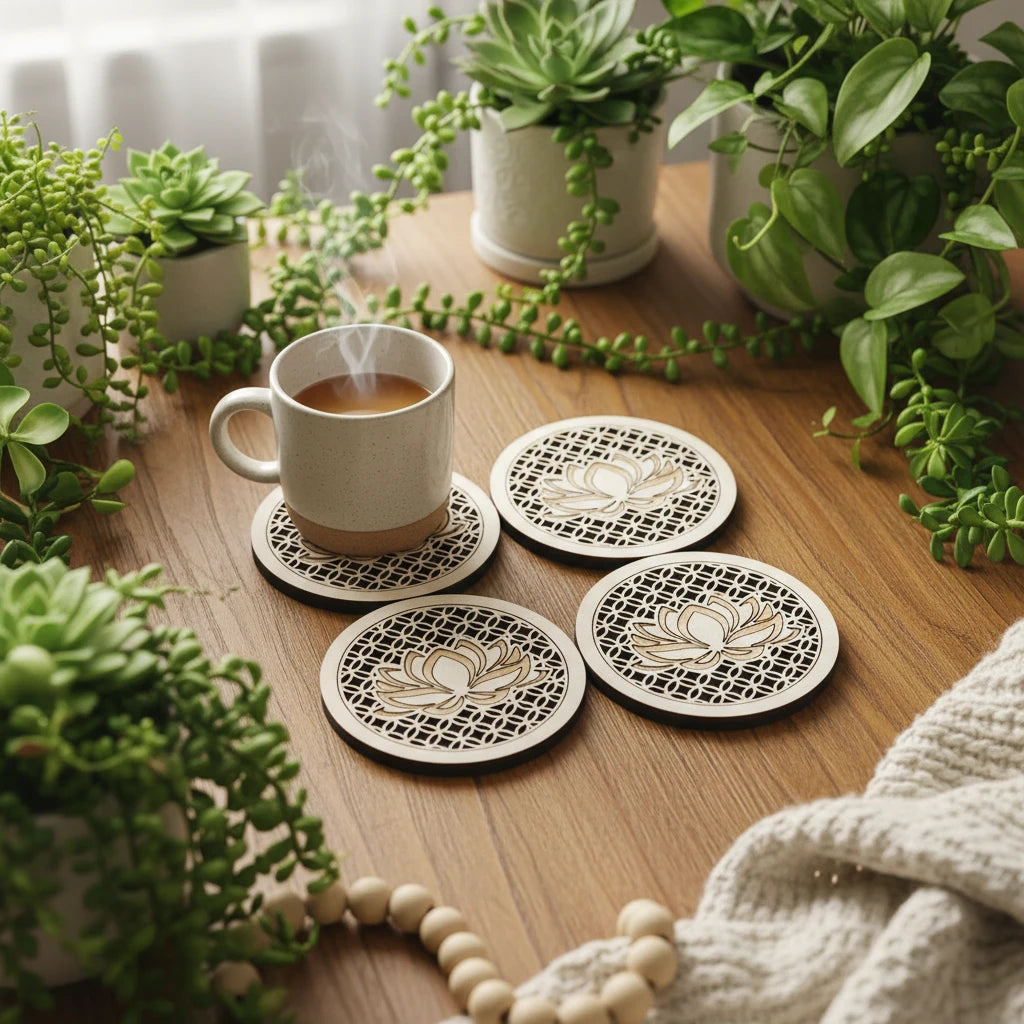 Cup of coffee on a wooden table with handcrafted boho lotus flower wooden coasters and plants in the background