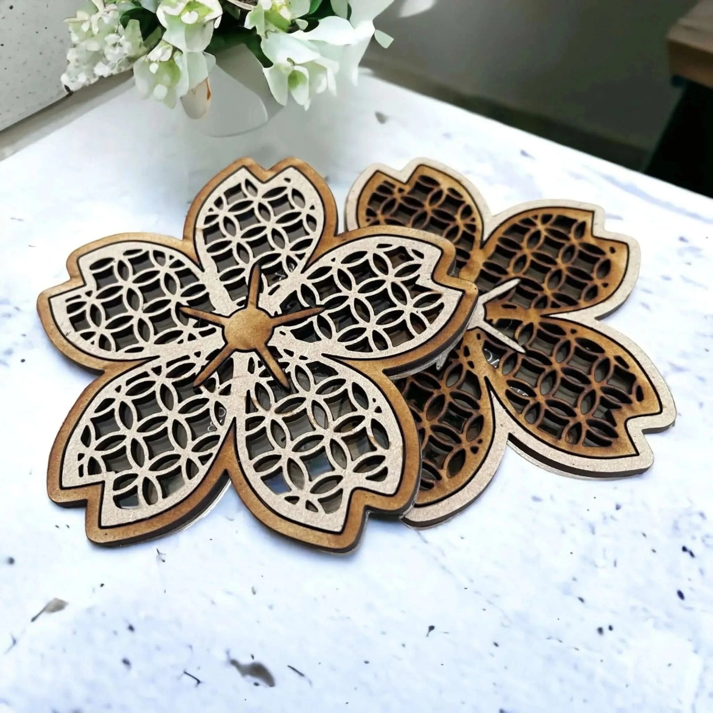 Sakura Cherry Blossom Handcrafted Wood and Acrylic Coaster Set Home Accent Indoor Outdoor Decor