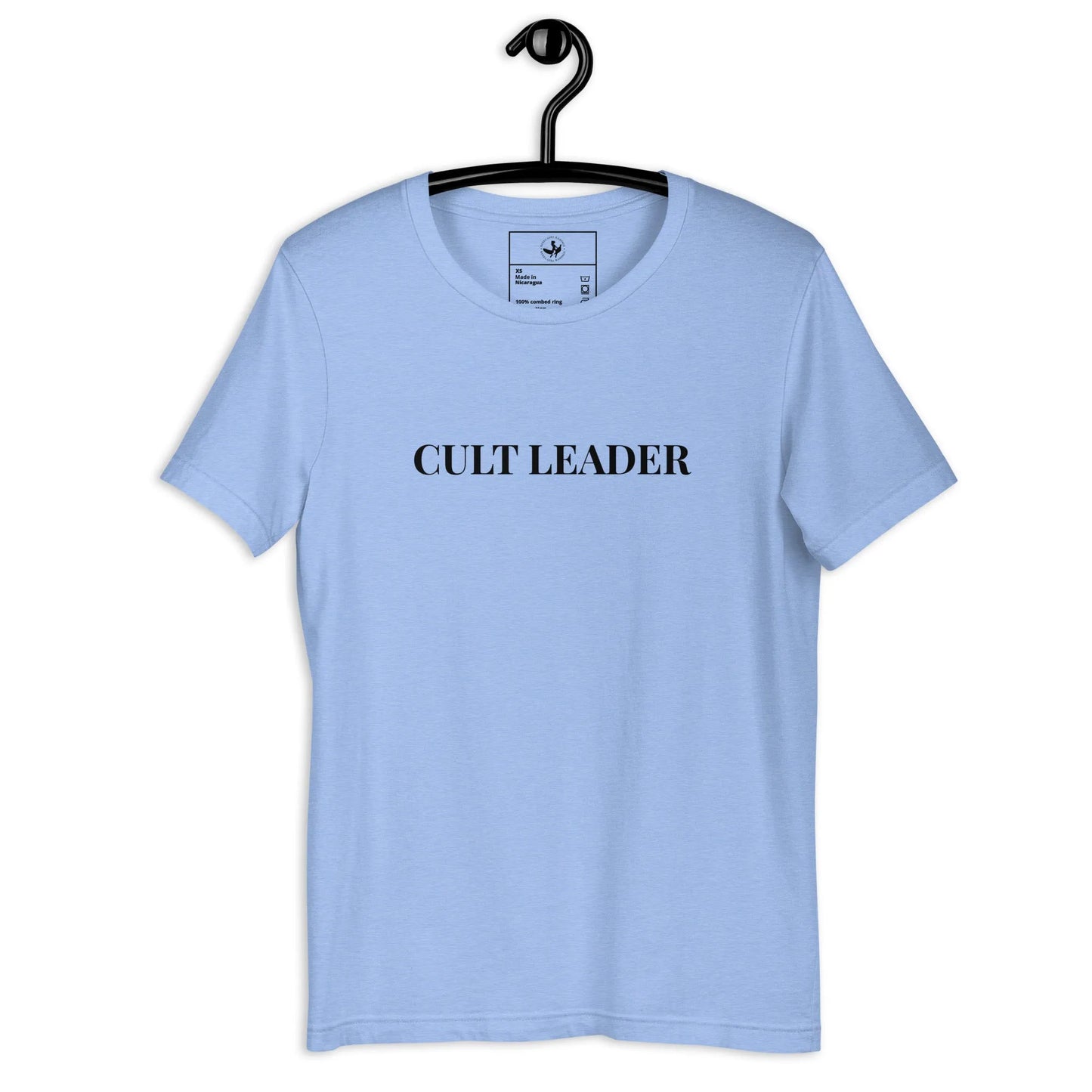 Cult Leader Light Blue Unisex t-Shirt hanging on a hanger, humorous, Rebel Girl Rampage