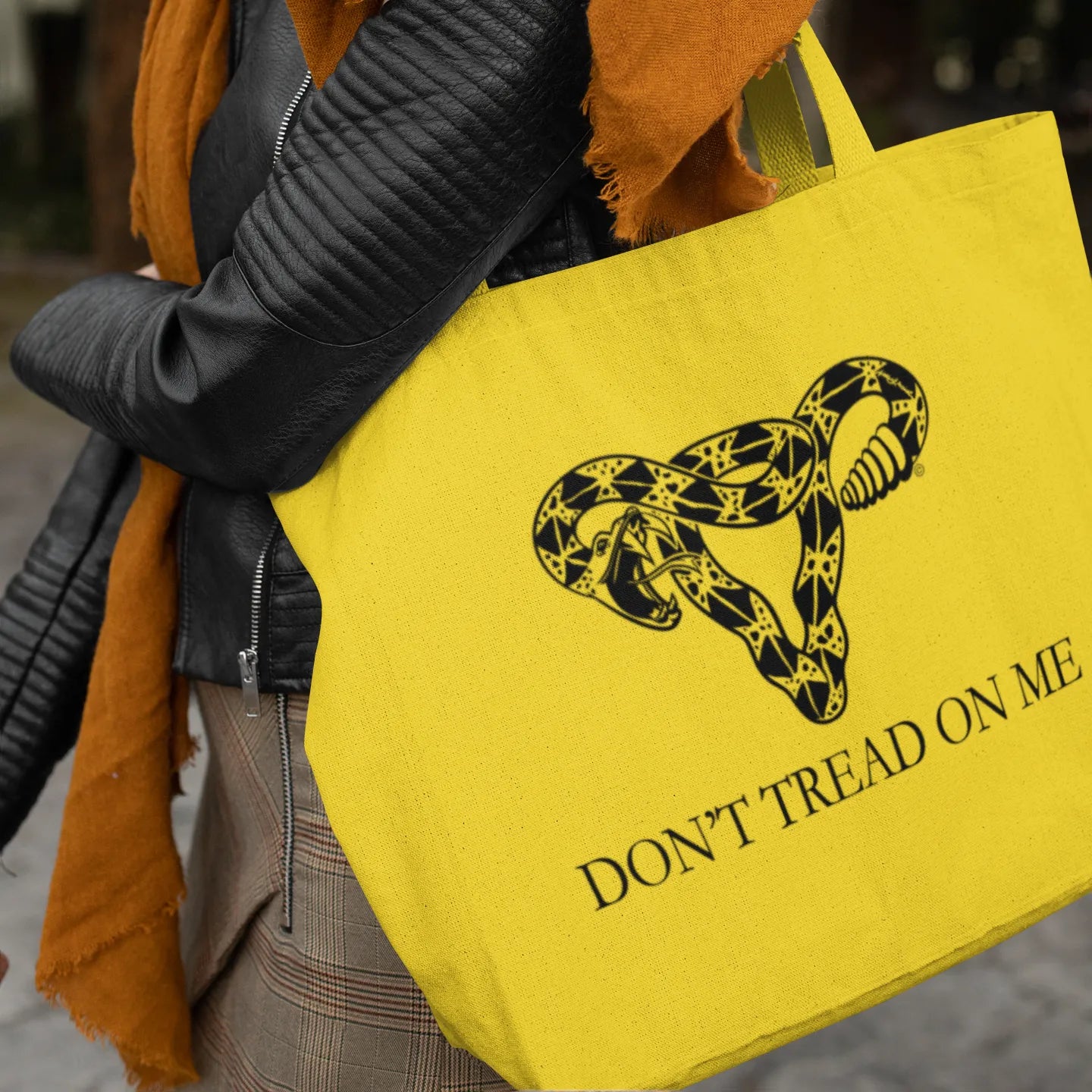 Don’t Tread On Me Uterus Feminist Yellow canvas tote bag Rebel Girl Rampage