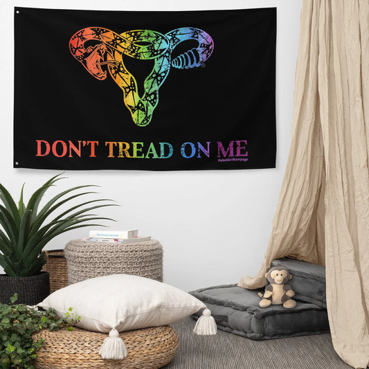 Don’t Tread On Me Rainbow Uterus Flag, LGBTQ Pride, Gadsden Pride Banner, Anne Lesniak, Rebel Girl Ramapge 