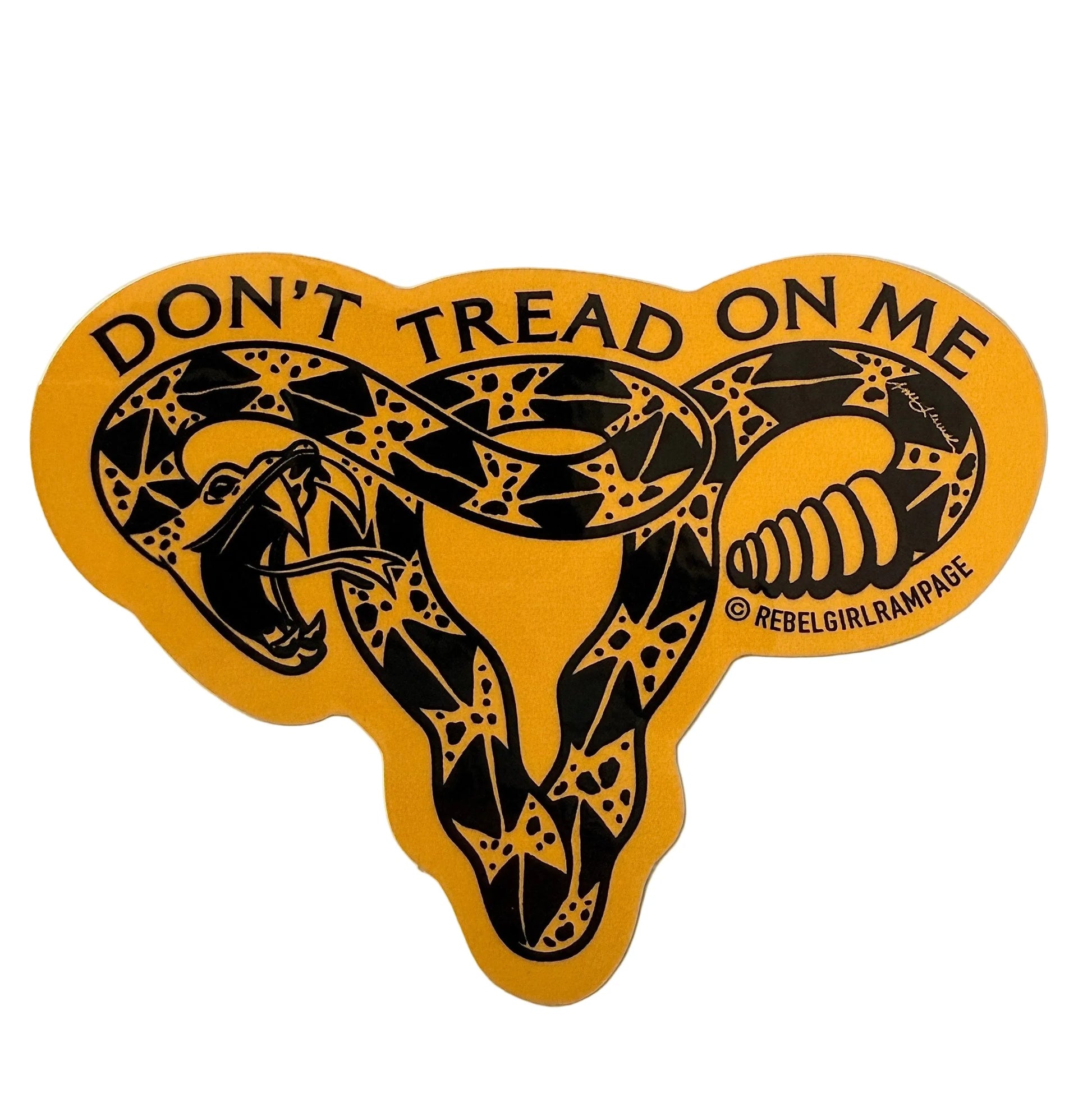 Don’t Tread On Me Pro Choice Uterus Die Cut Sticker by Anne Lesniak, Black Illustration of a rattlesnake child in the shape of a uterus supporting women’s & abortion rights, Rebel Girl Rampage 